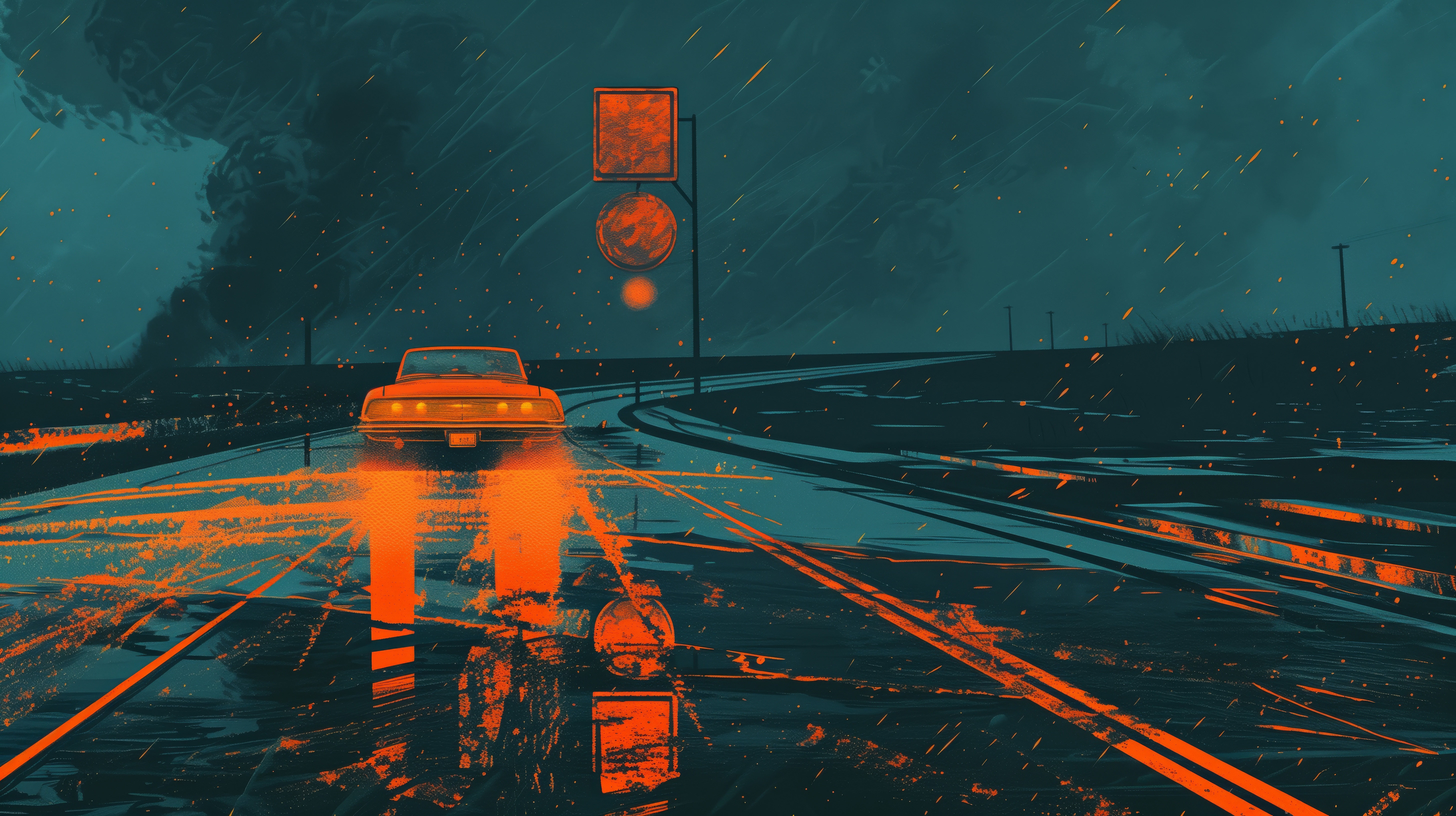 Orange car driving on a wet road at night HD Wallpaper