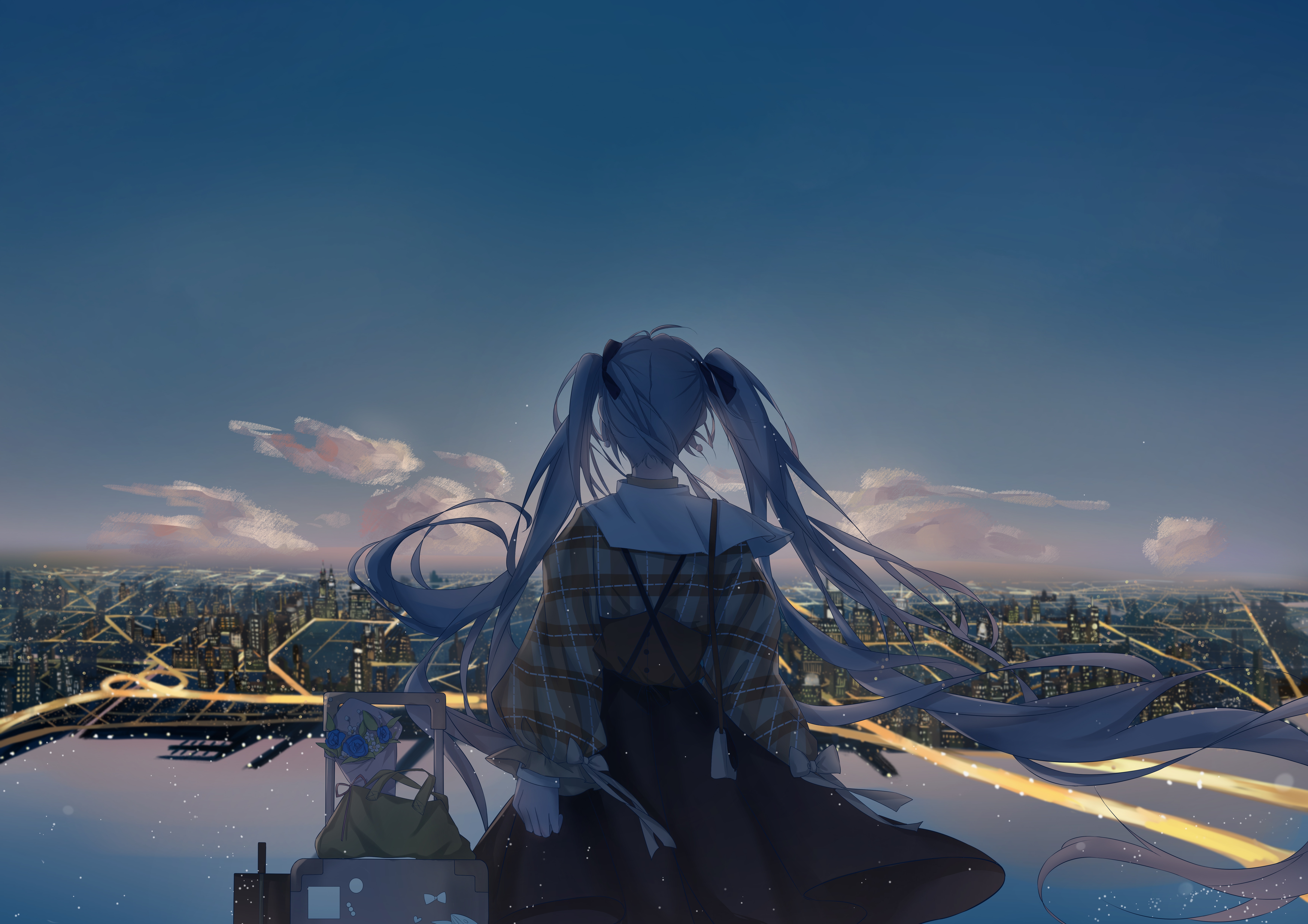 Hatsune Miku overlooking a city at dusk HD Wallpaper