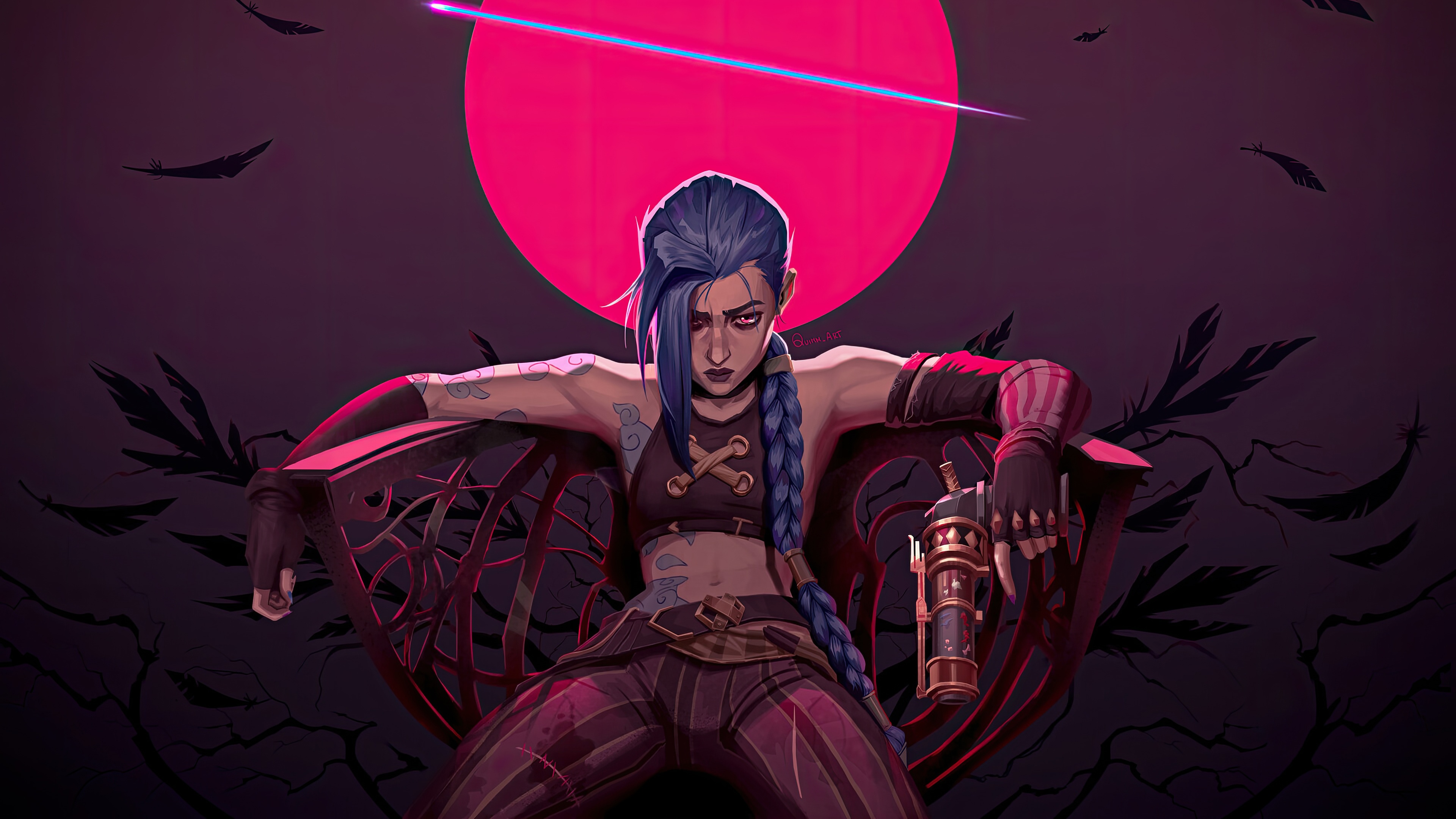 Jinx from Arcane sits on a throne with a pink moon HD Wallpaper