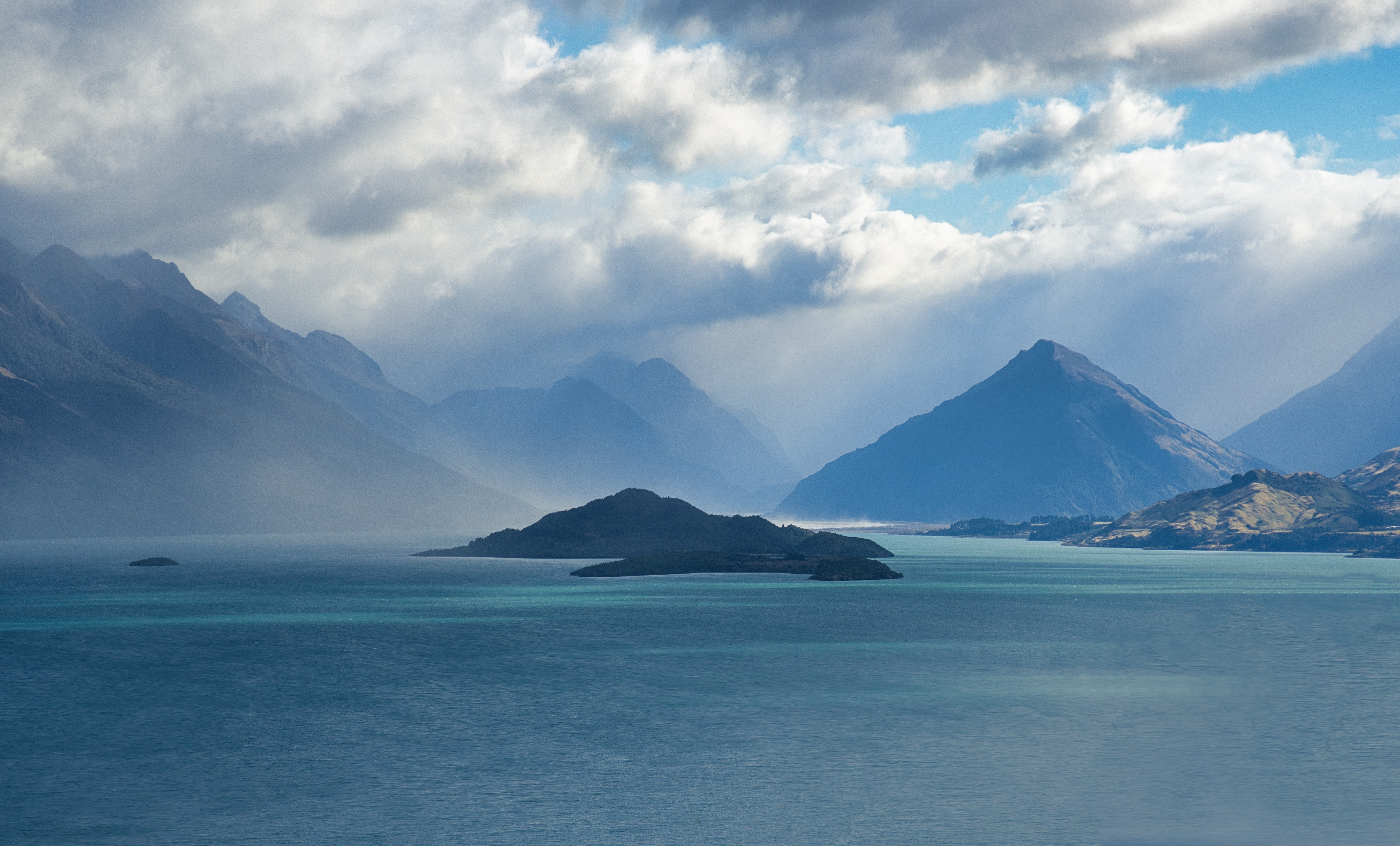 Lake with Mountains Under Stormy Sky HD Wallpaper