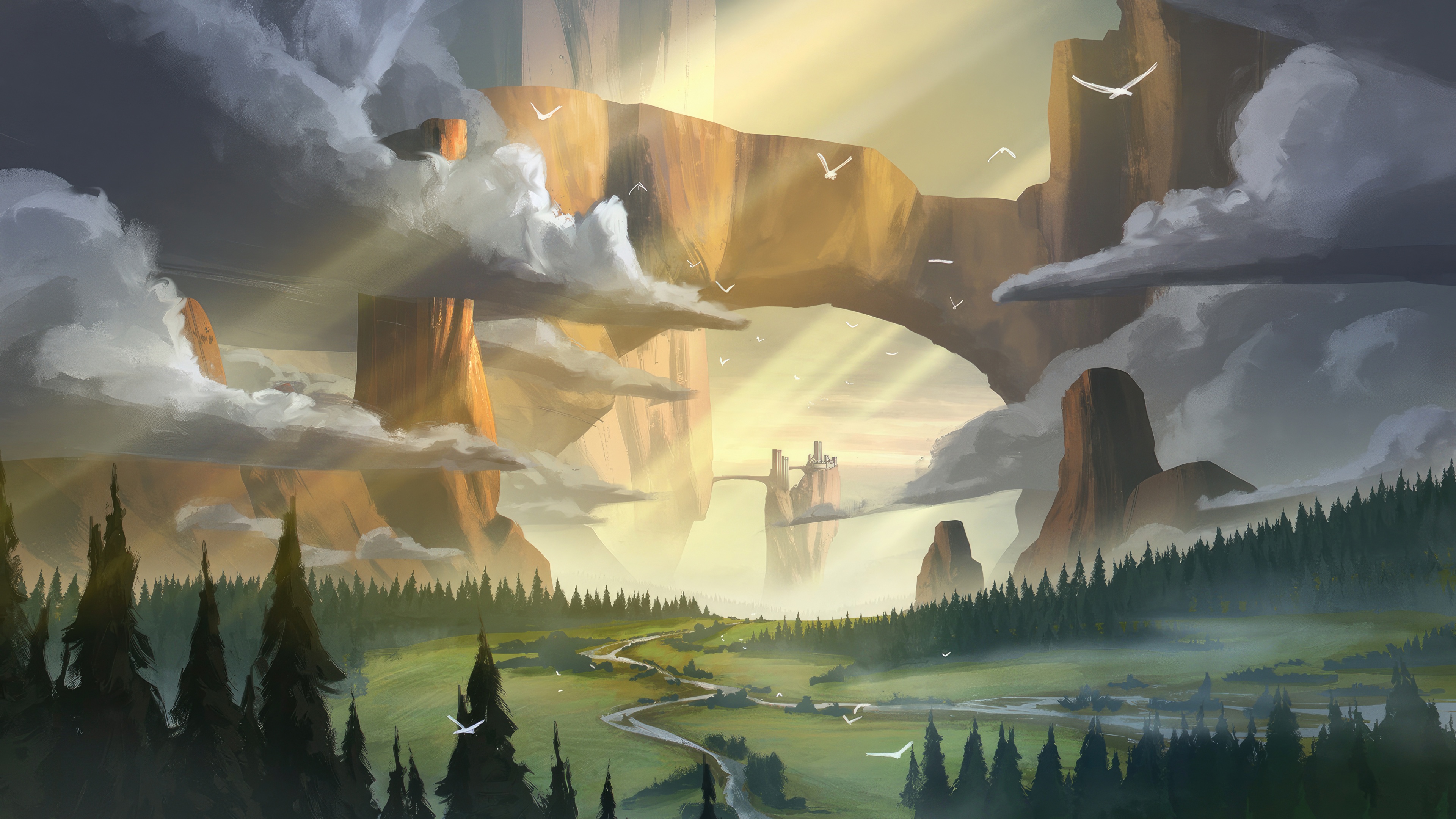 Fantasy landscape with rock formations and a castle HD Wallpaper