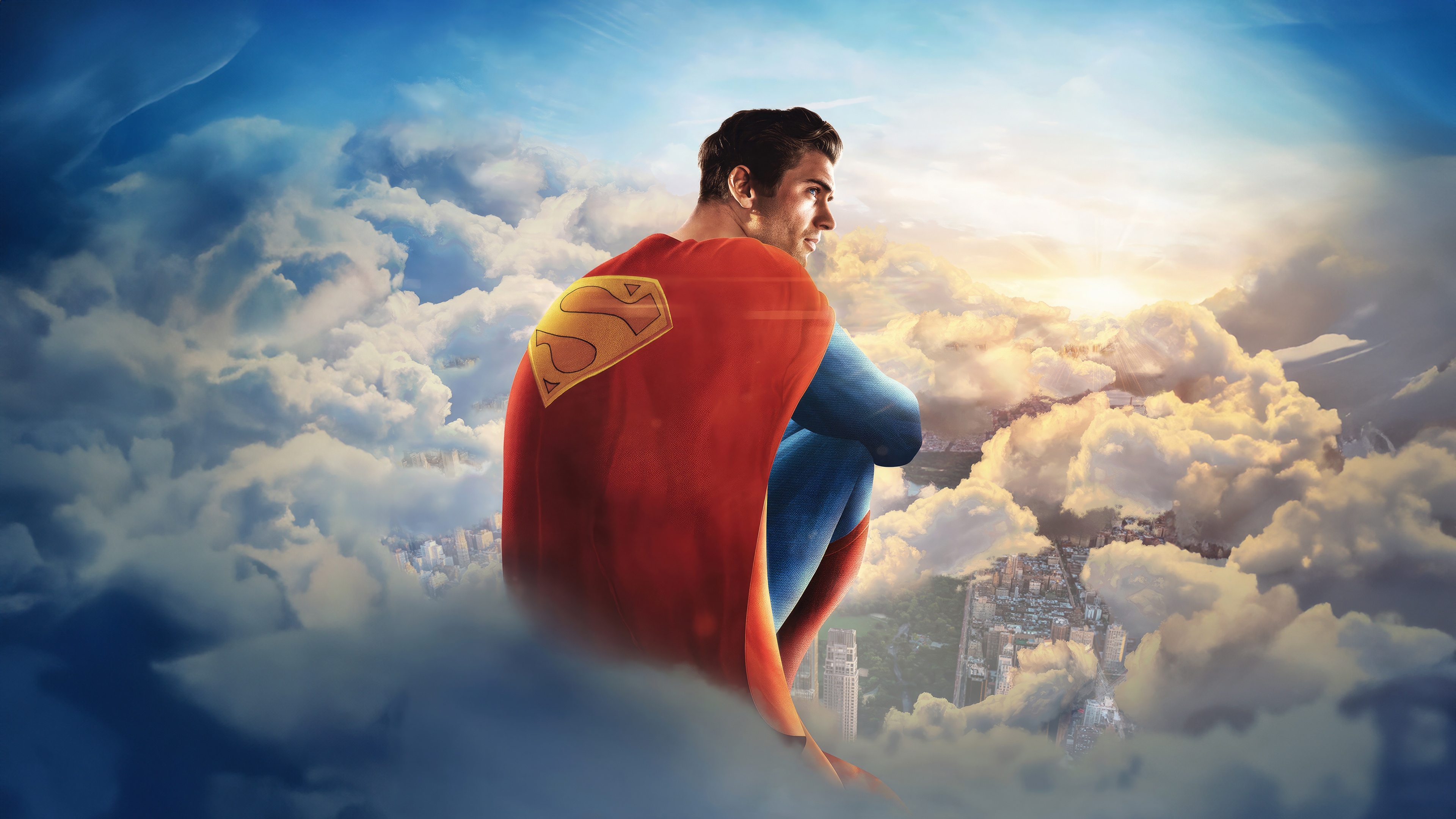 Superman Sitting on Clouds Over City HD Wallpaper