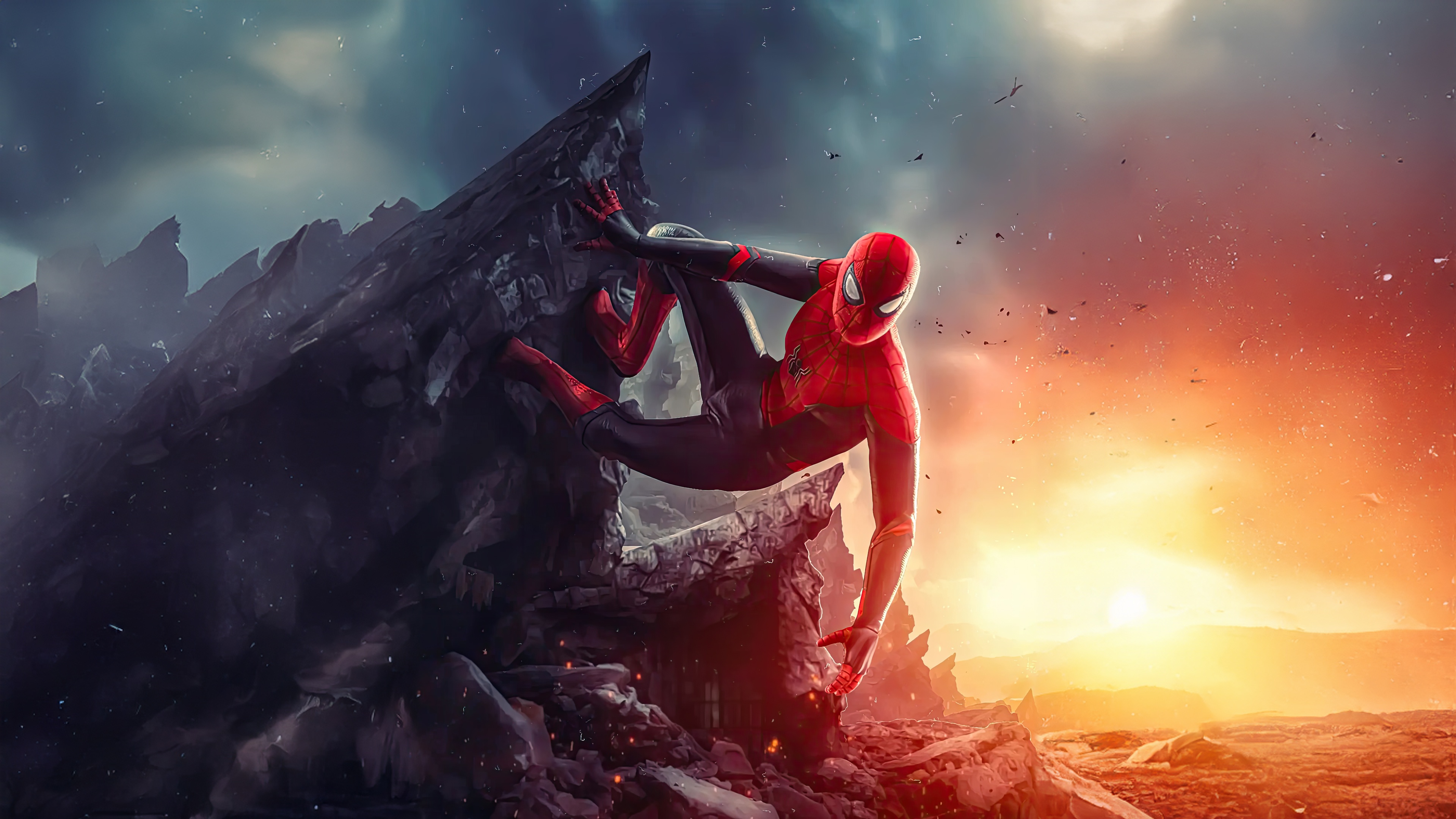 Spider-Man climbing a rocky cliff during sunset HD Wallpaper