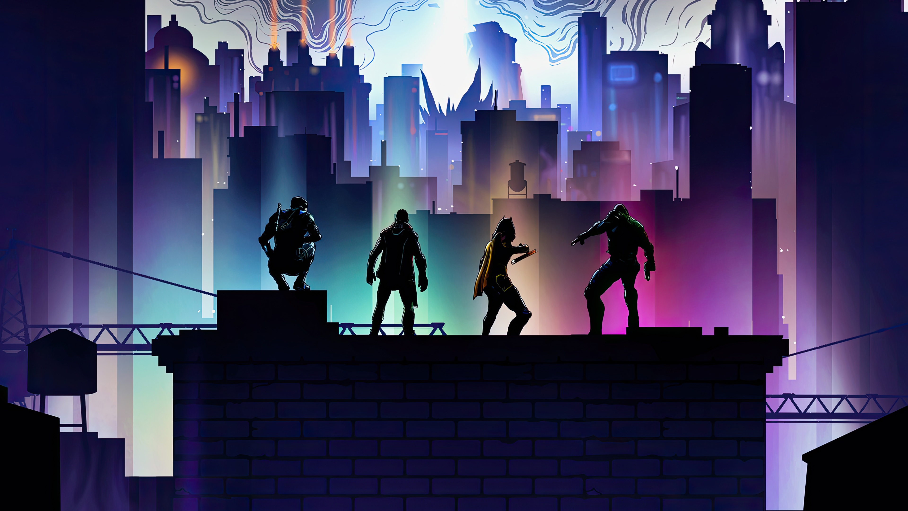 Gotham Knights characters on a rooftop at night HD Wallpaper