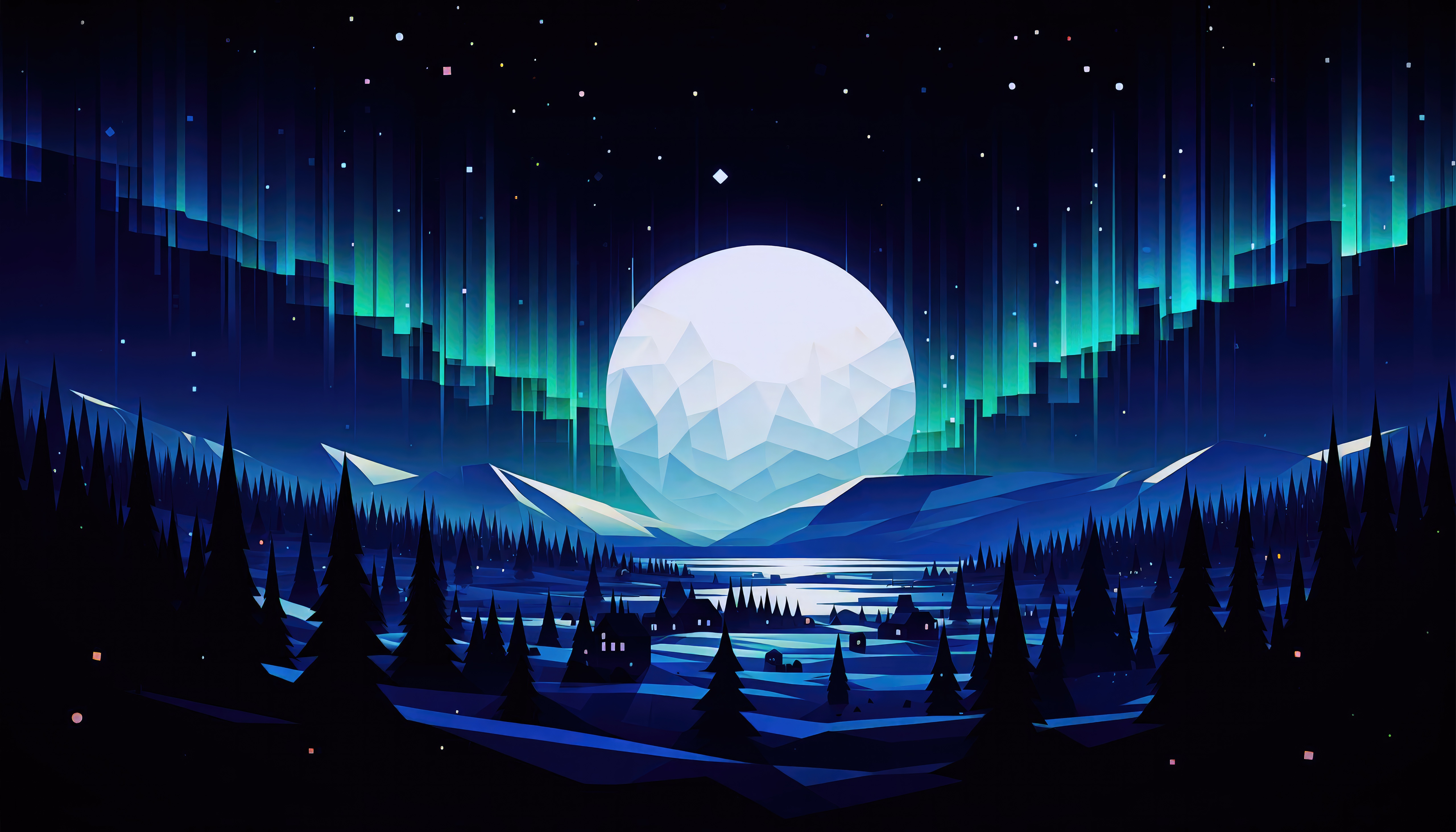 Moonlit Aurora Borealis Over a Snowy Village HD Wallpaper