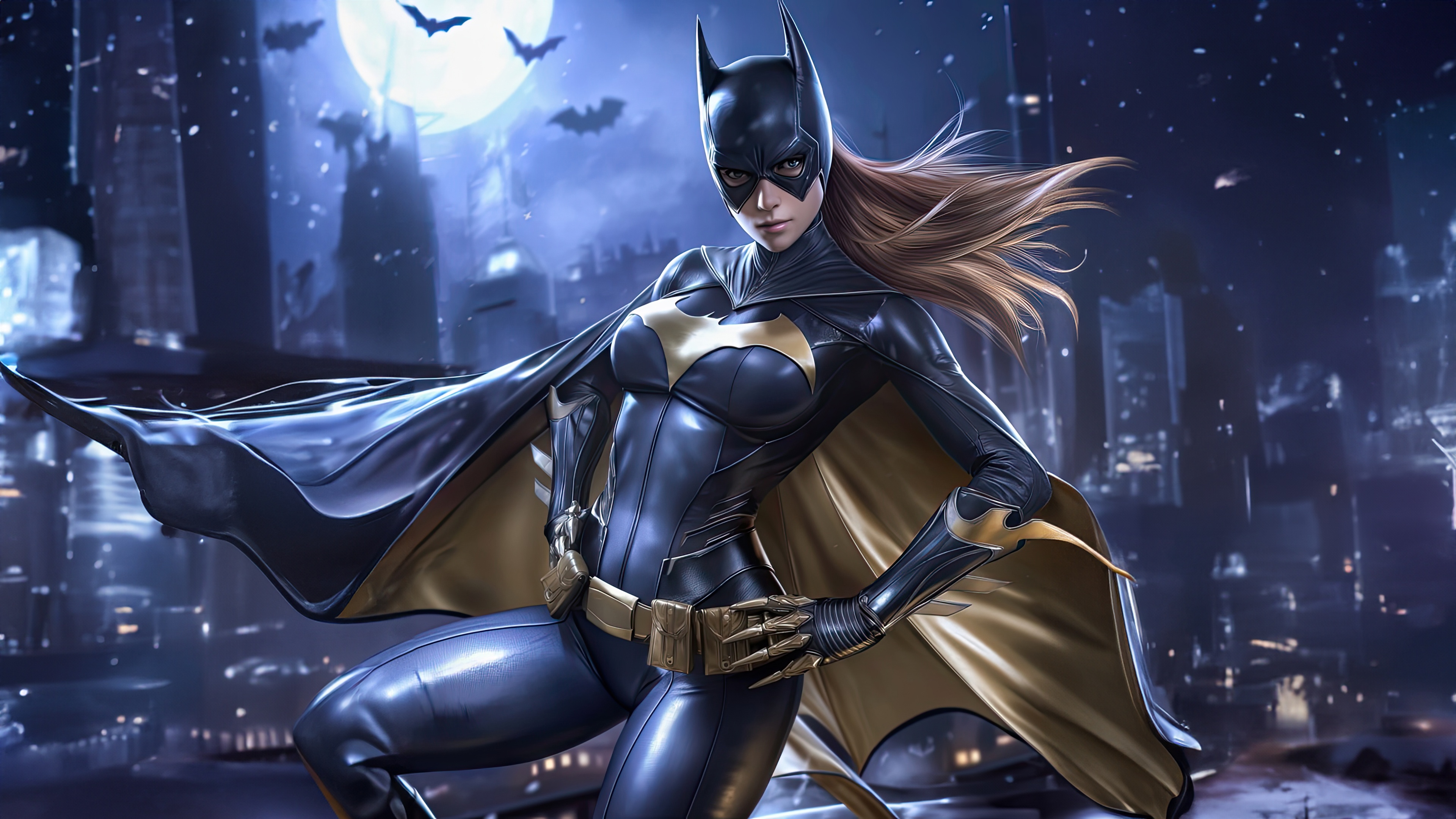 Batgirl in a dark city at night HD Wallpaper