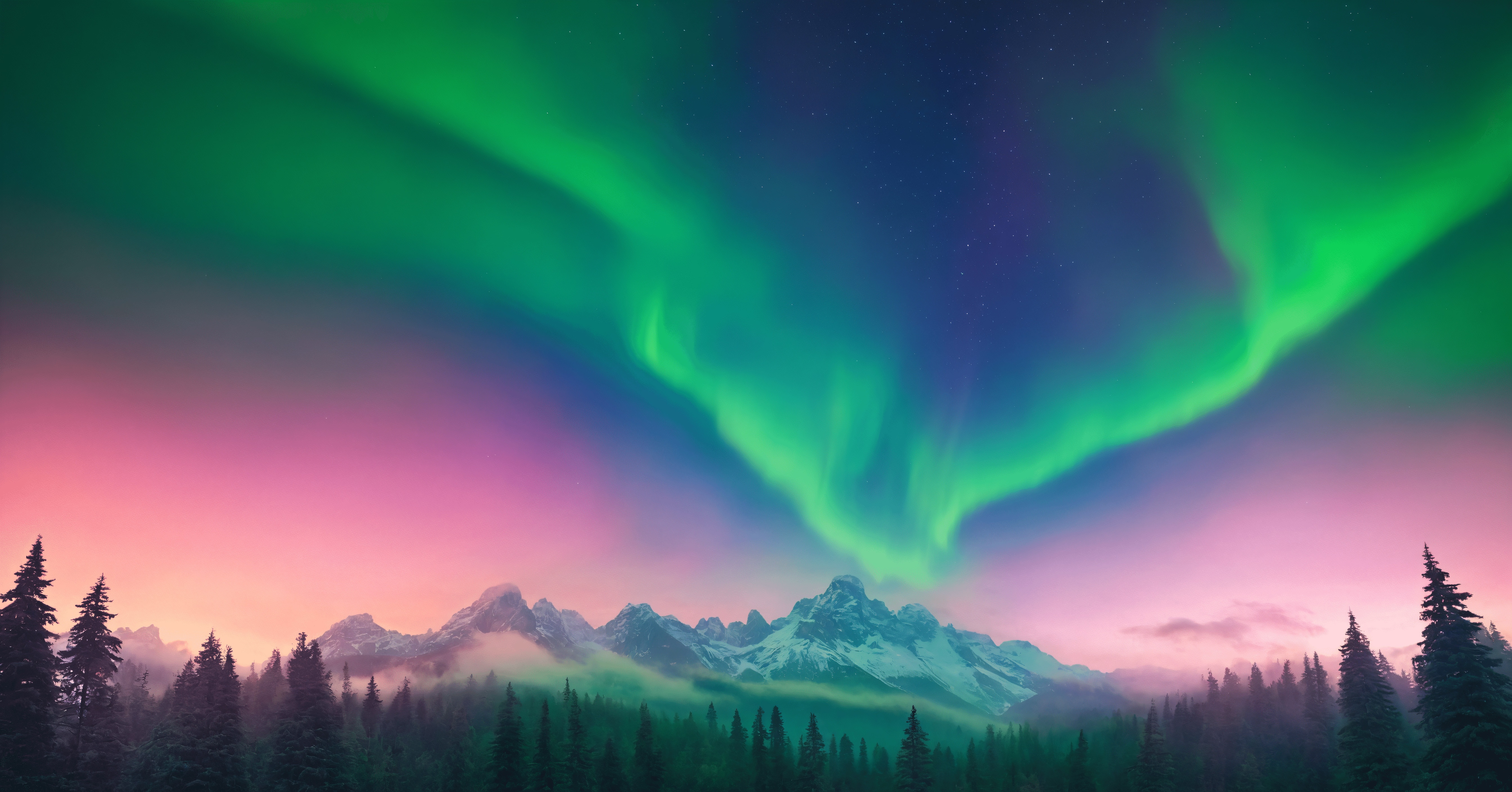Aurora over snow-capped mountains and pine forest HD Wallpaper