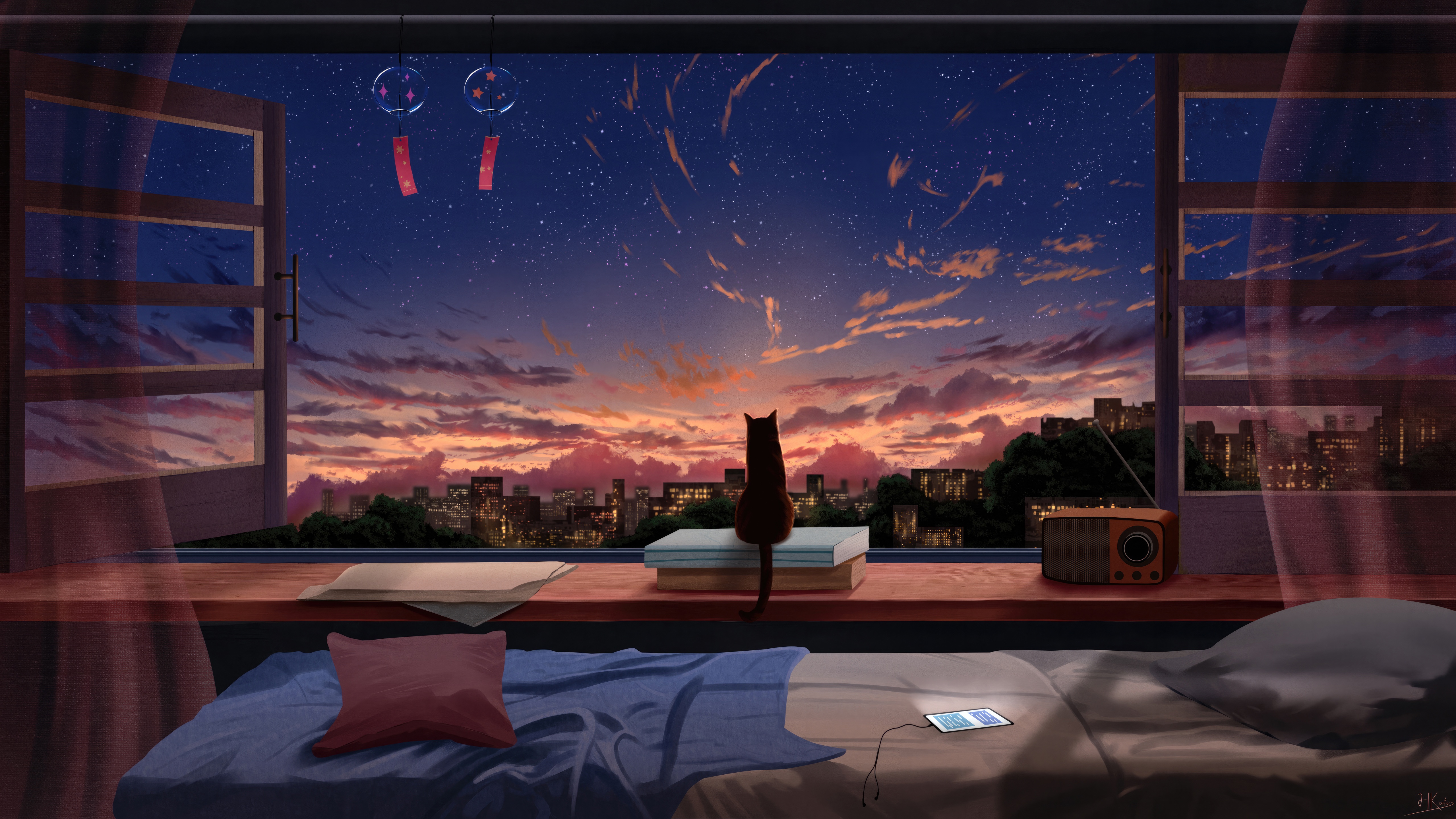 Cat watching the sunset over a city from a window HD Wallpaper