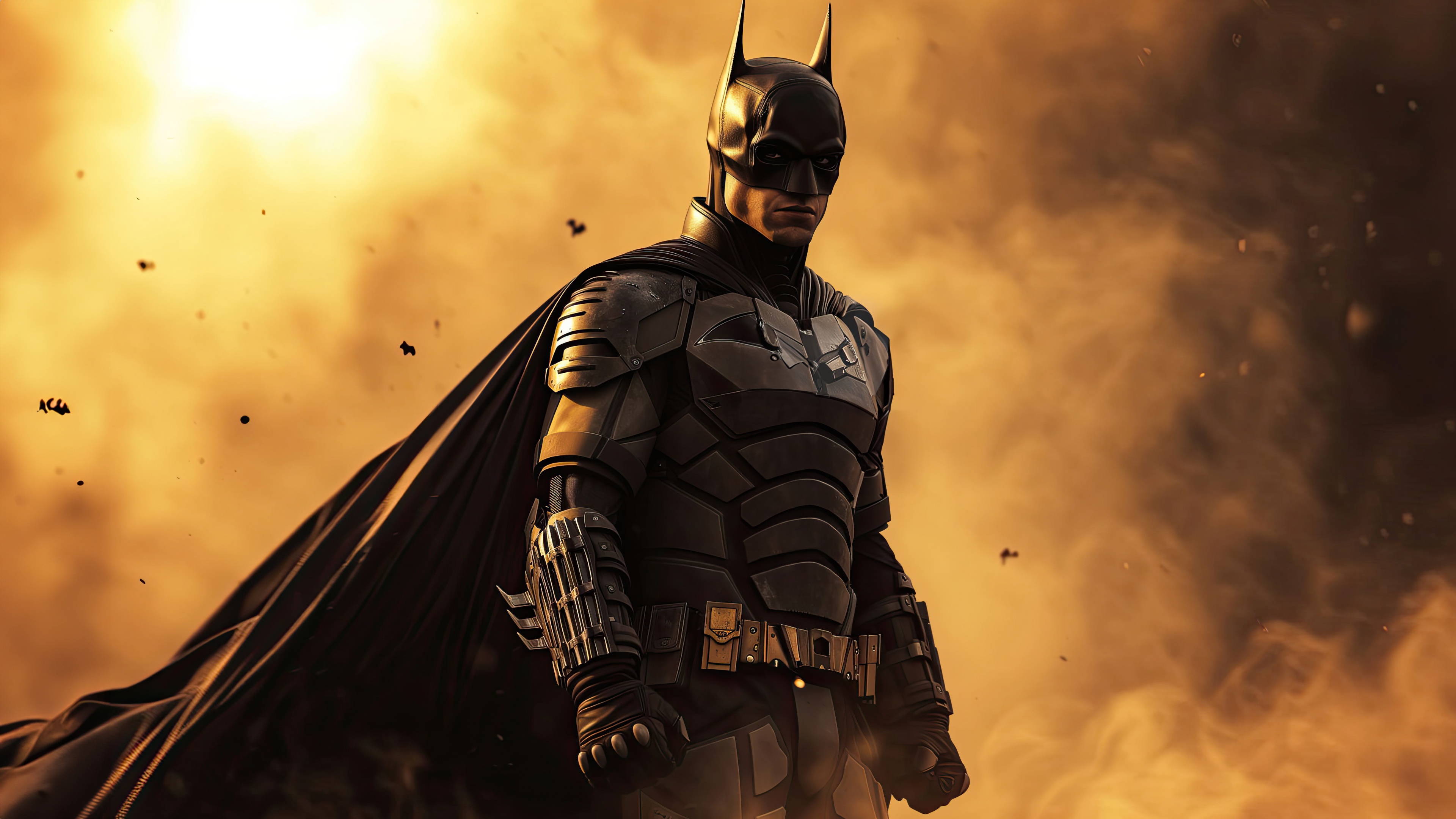 Batman in a smoky, fiery environment HD Wallpaper