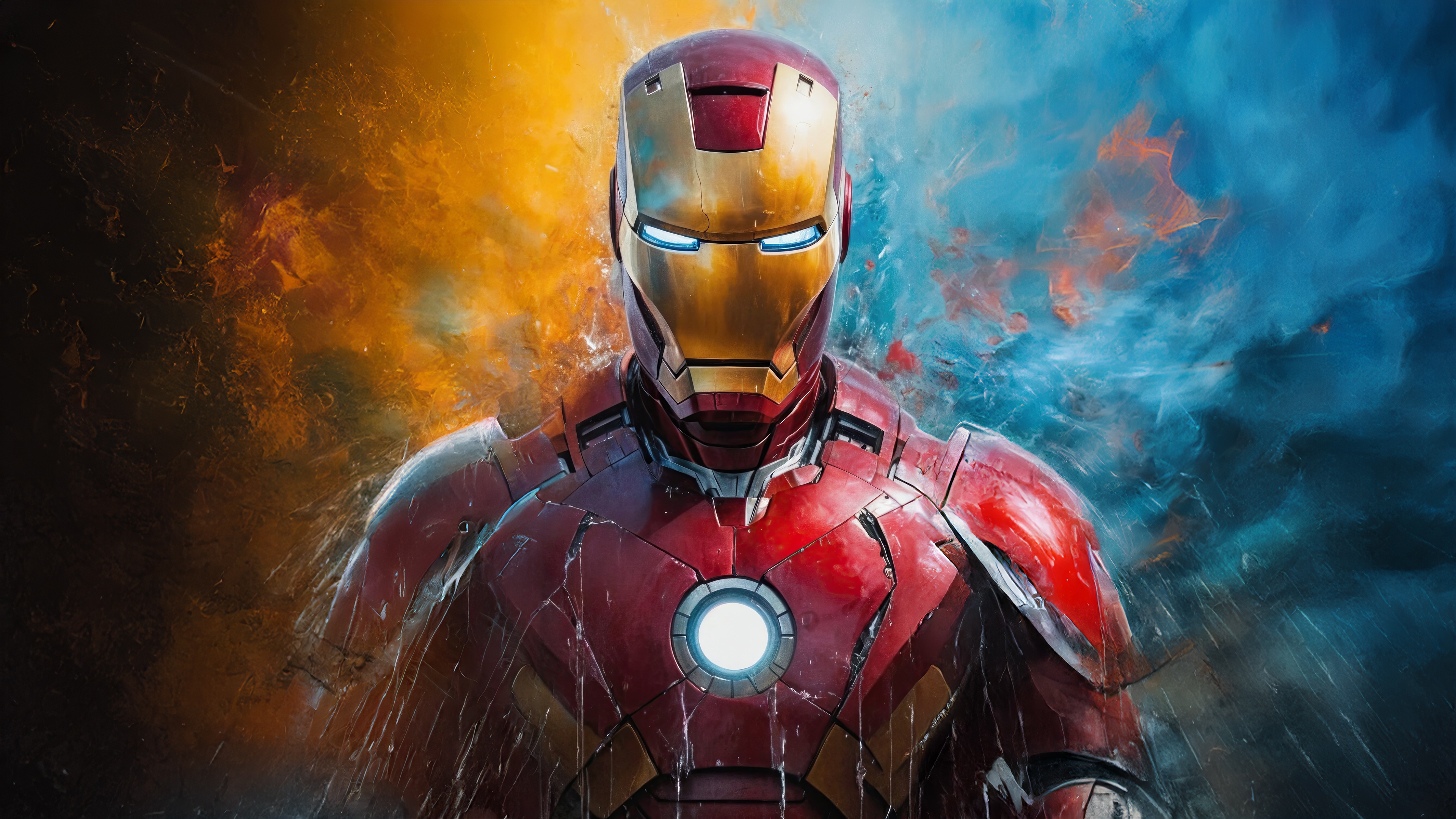 Iron Man in a dramatic, colorful explosion HD Wallpaper