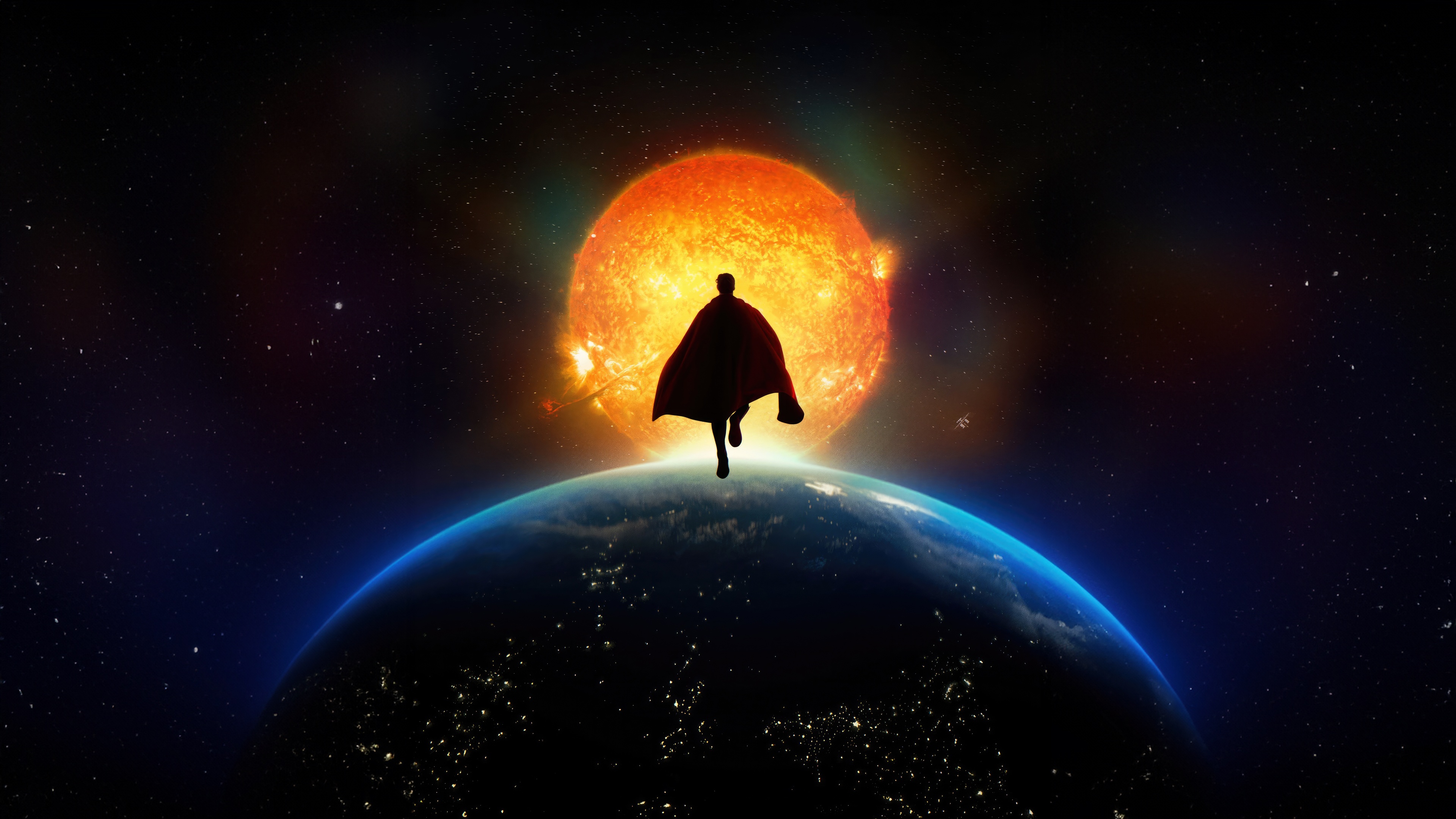Superman flying towards the sun over Earth HD Wallpaper