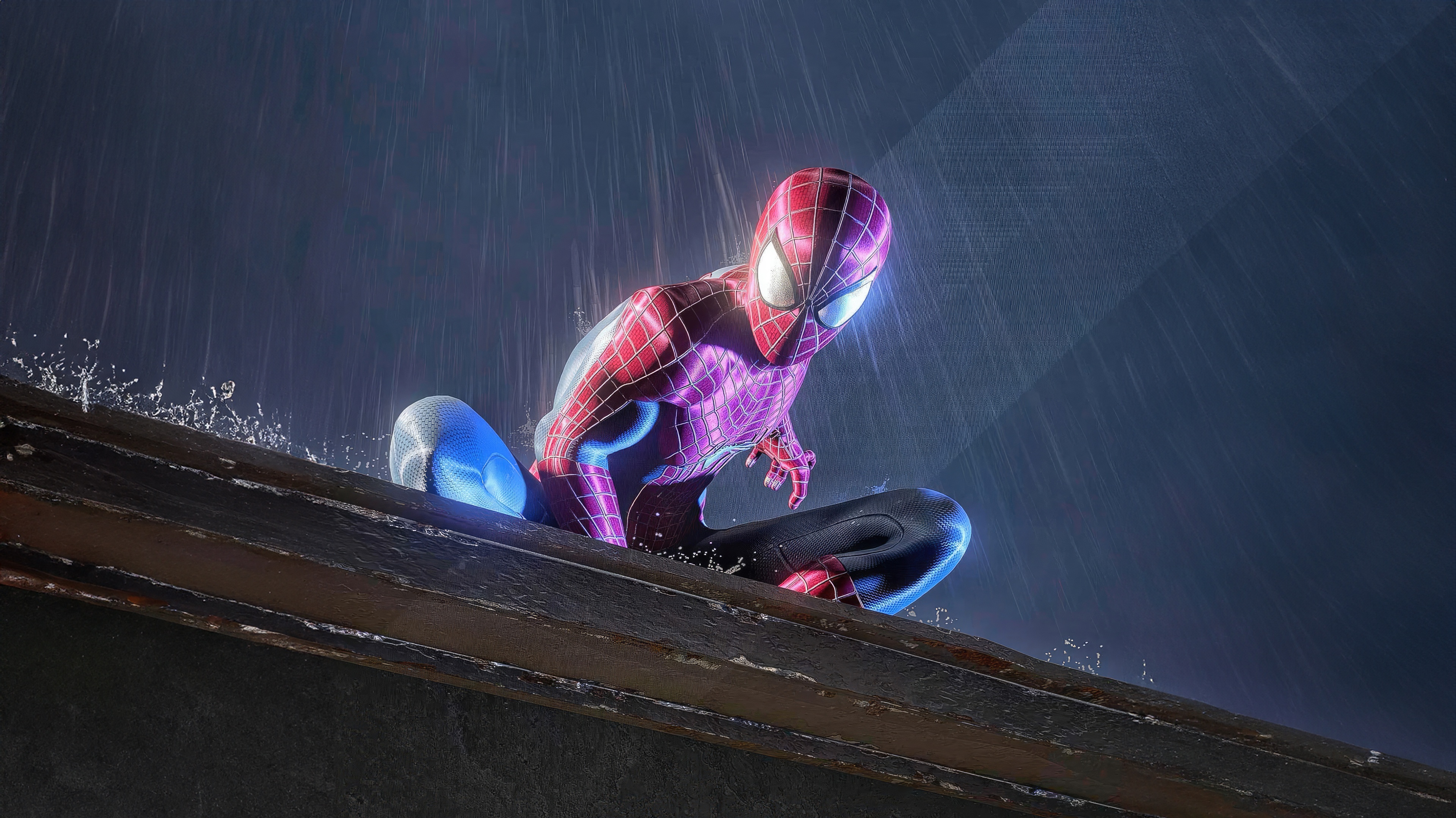 Spider-Man crouches on a ledge in the rain HD Wallpaper