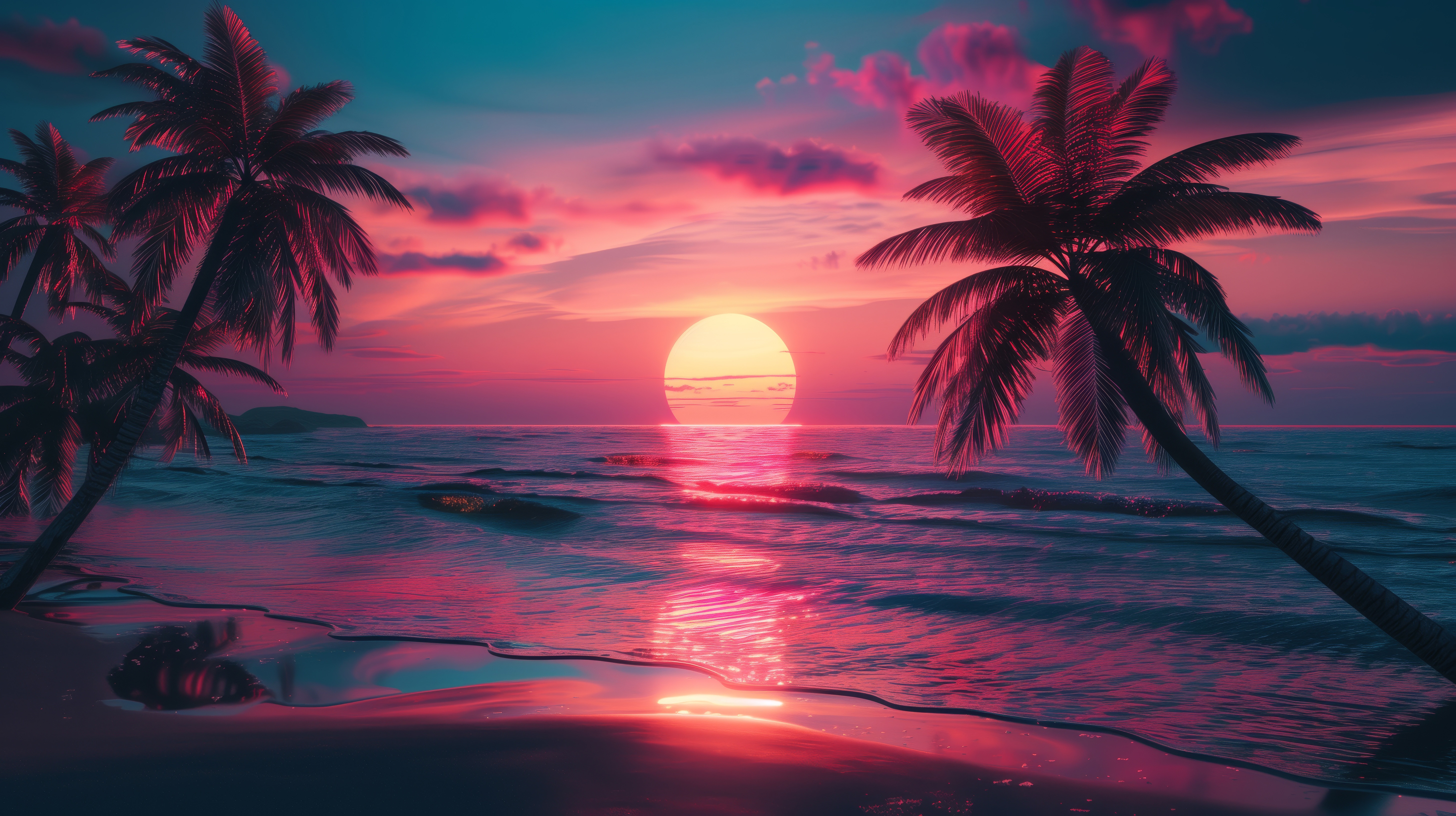 Synthwave sunset with palm trees over the ocean HD Wallpaper