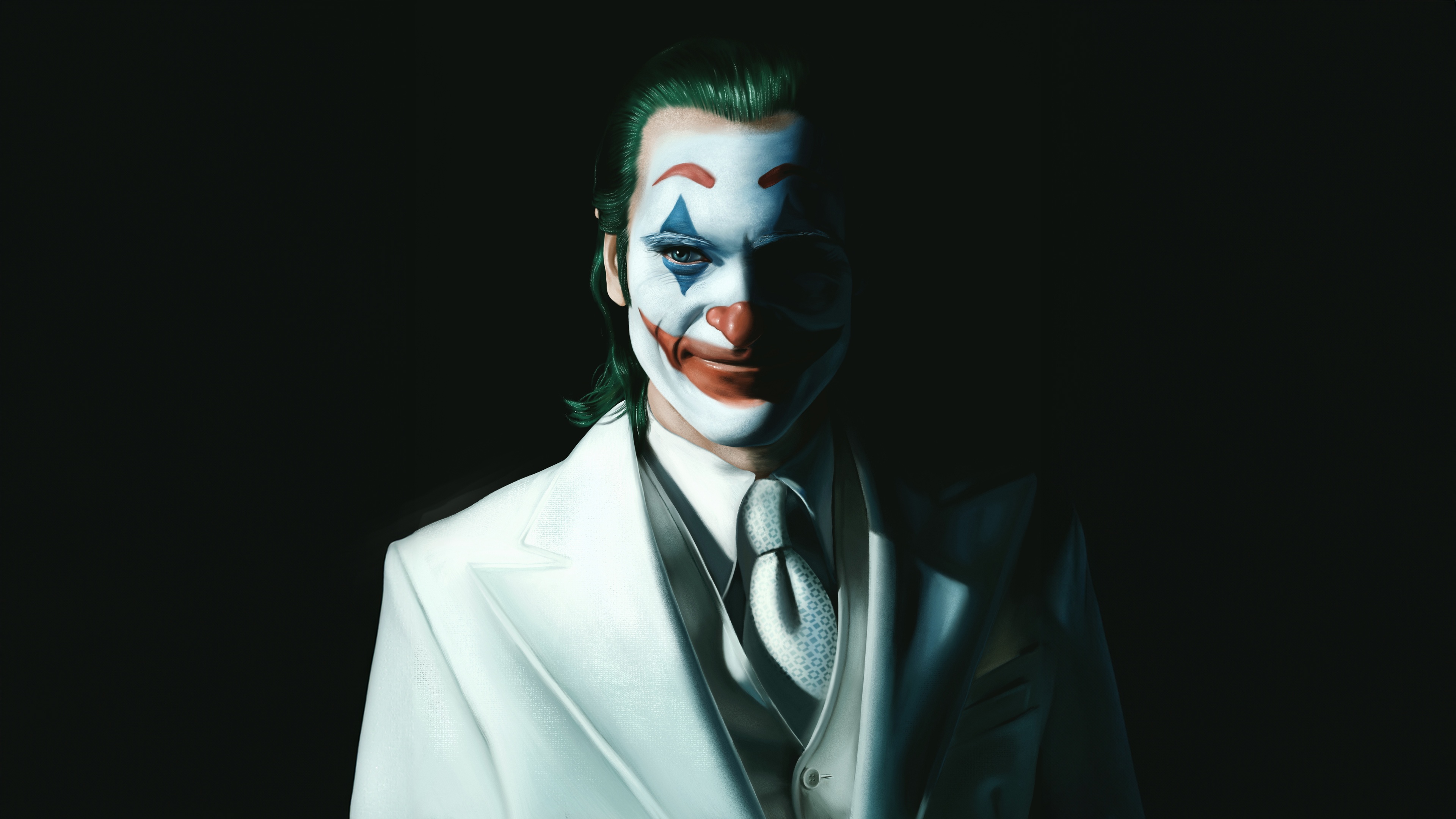 Joker in a white suit with clown makeup HD Wallpaper