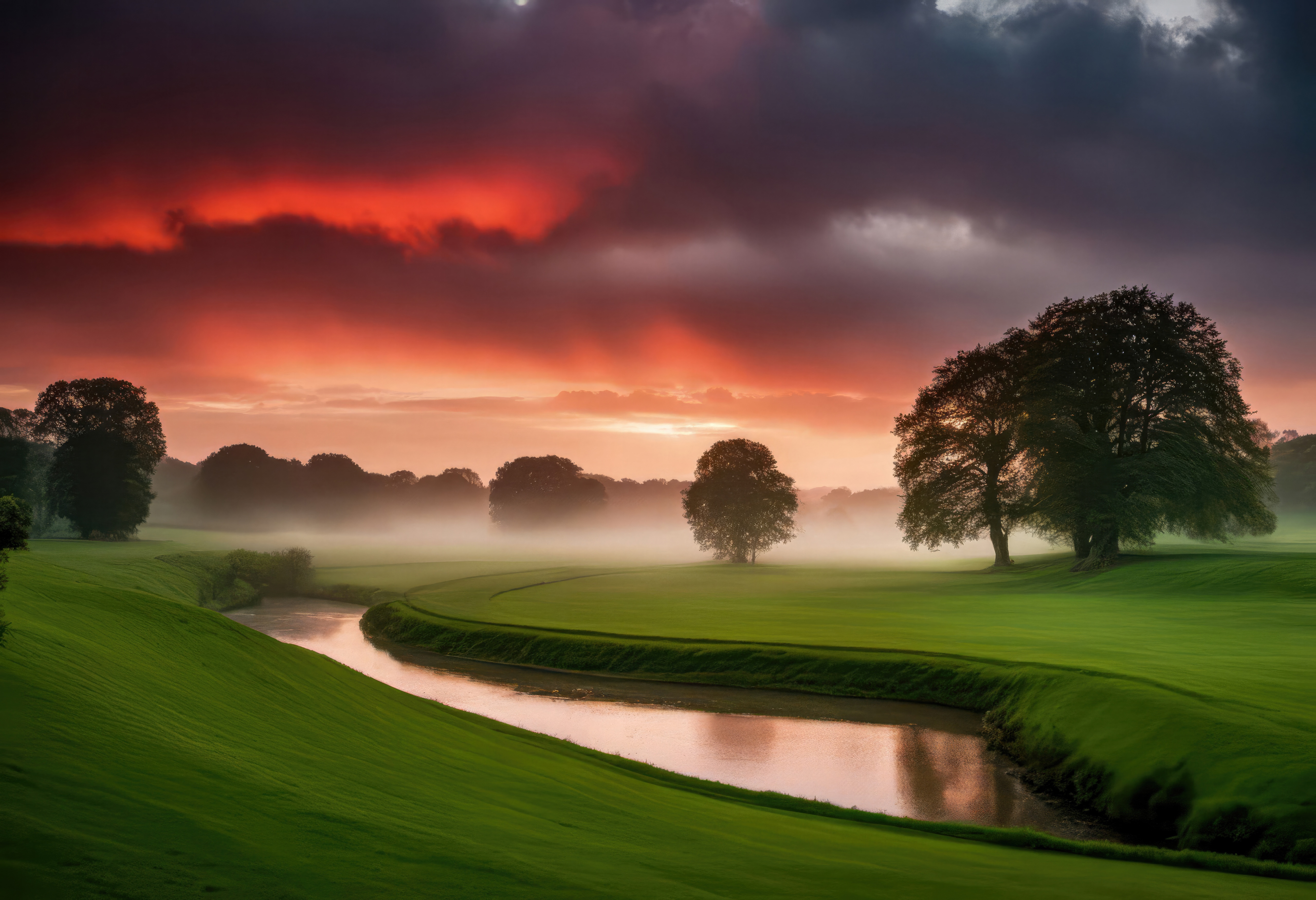 German River Sunrise with Dramatic Sky HD Wallpaper