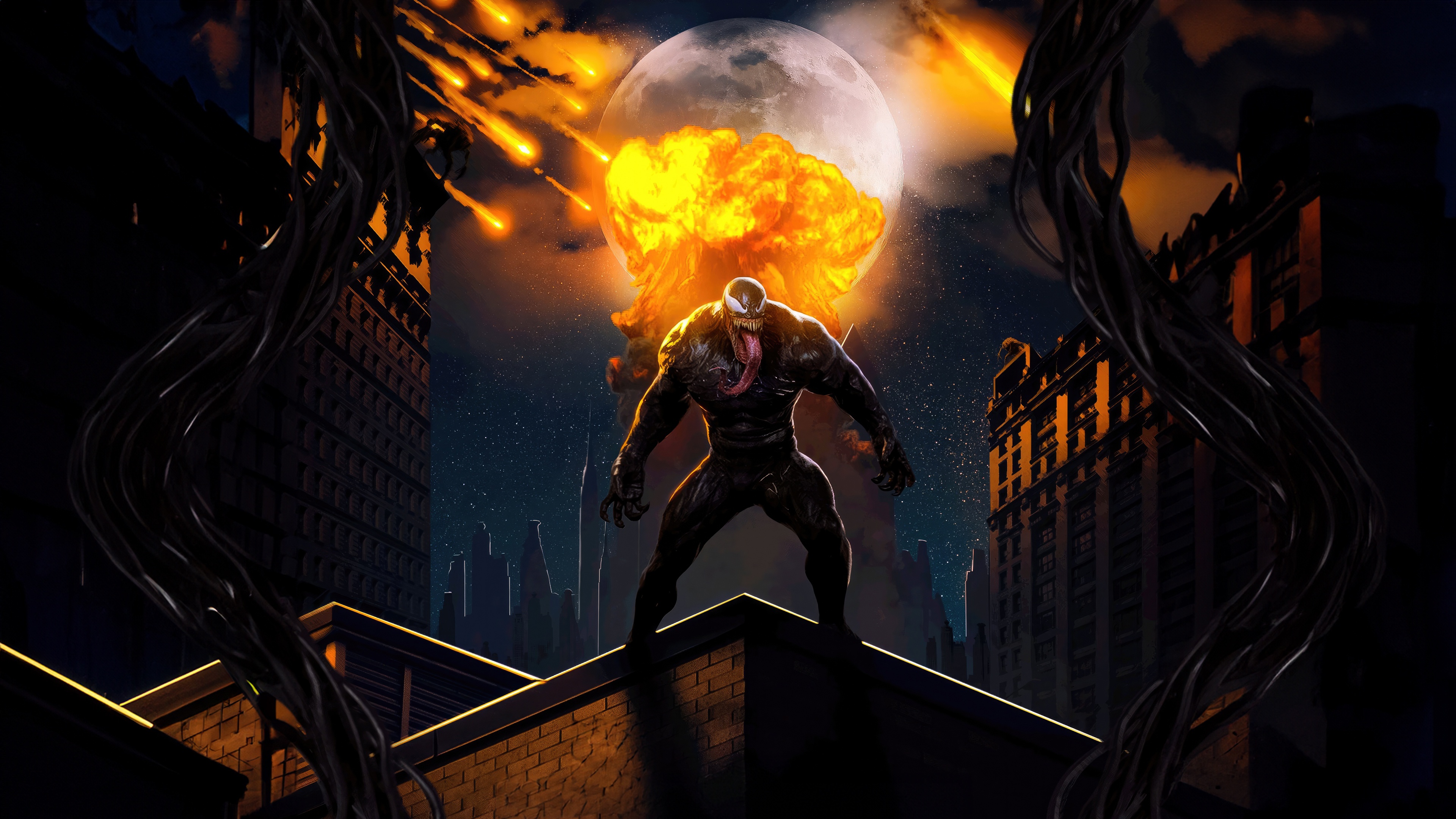 Venom standing on a rooftop with explosion in background HD Wallpaper