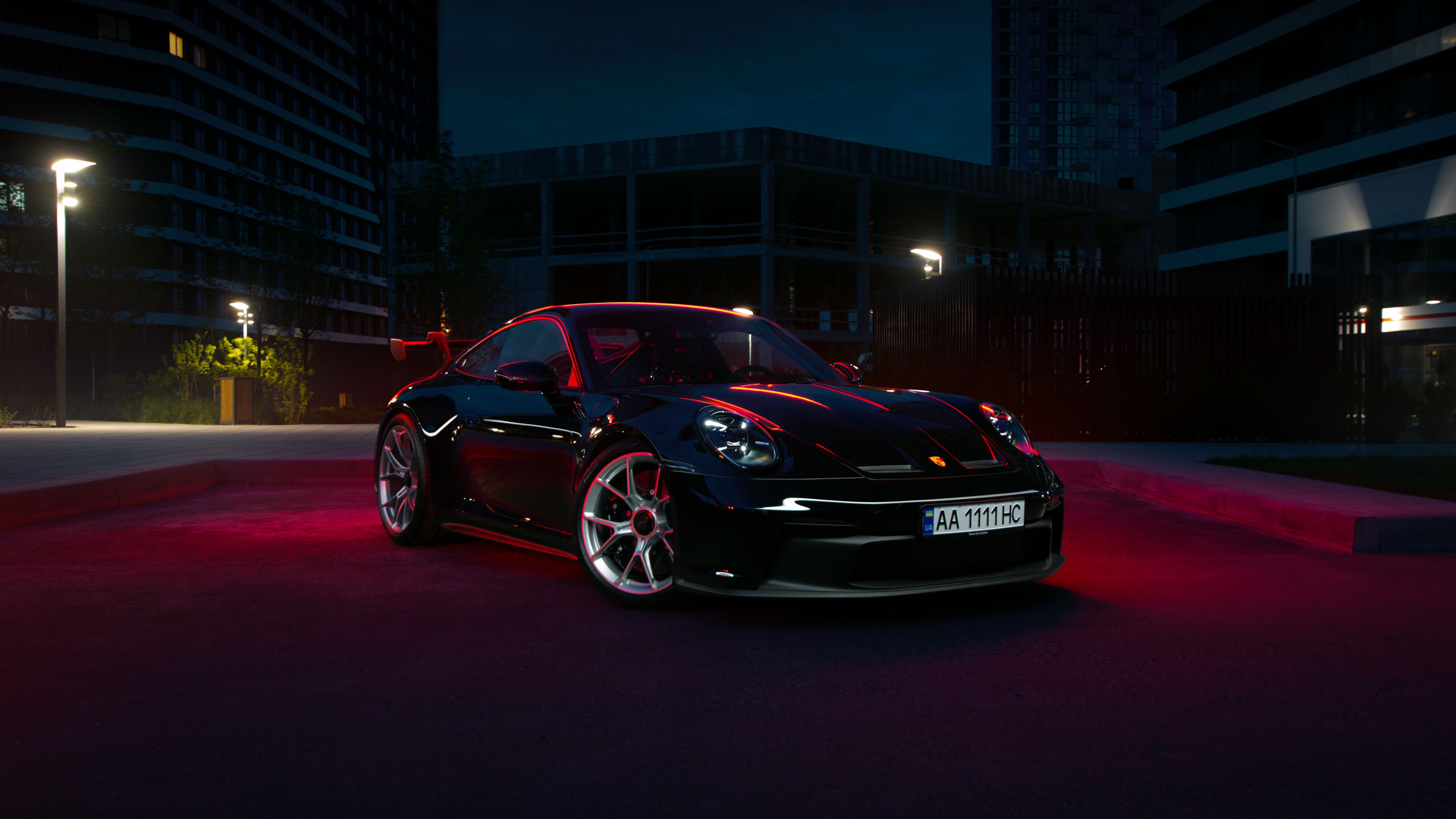 Black Porsche 911 GT3 parked at night HD Wallpaper
