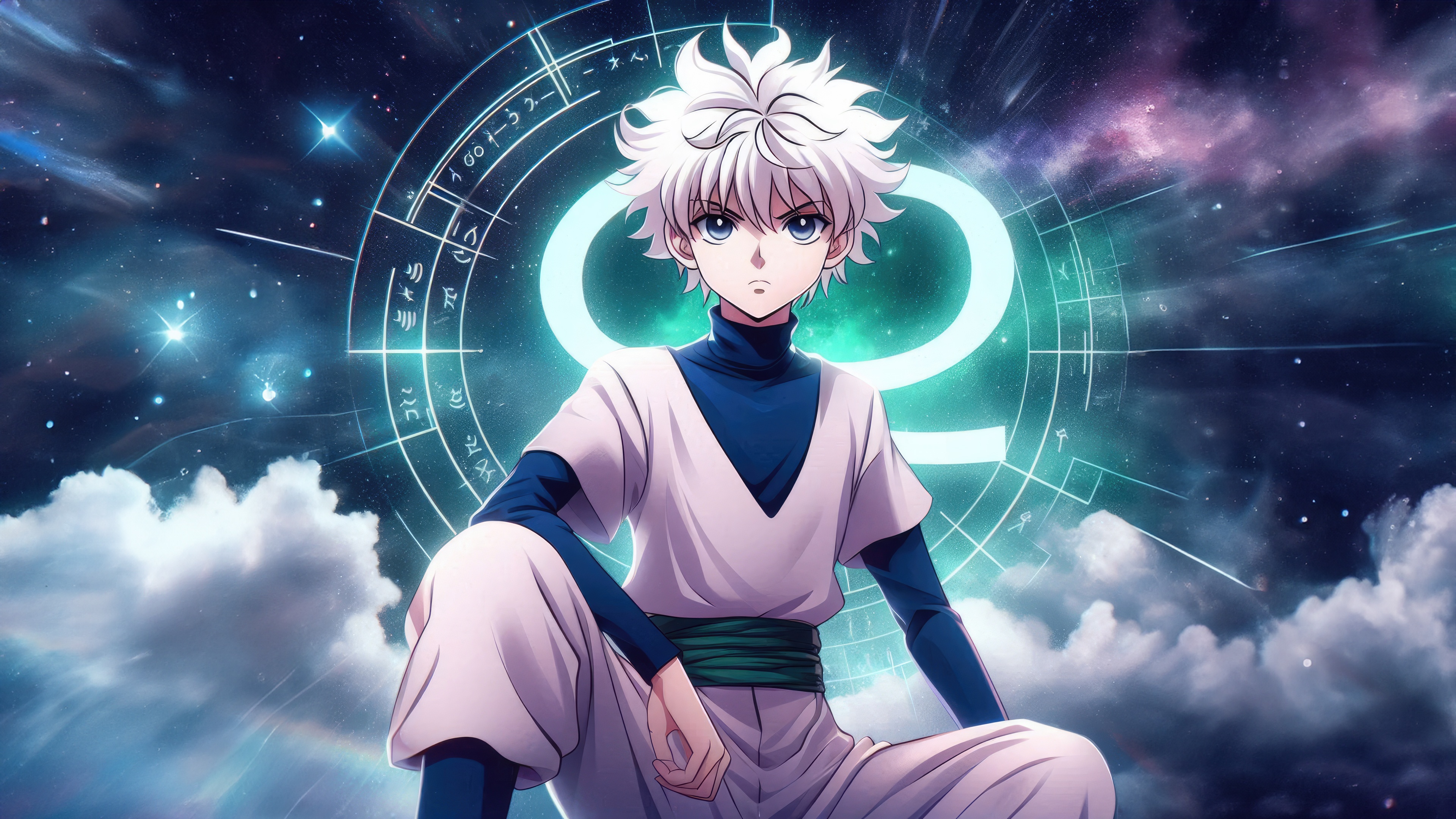 Killua Zoldyck in front of a celestial zodiac wheel HD Wallpaper