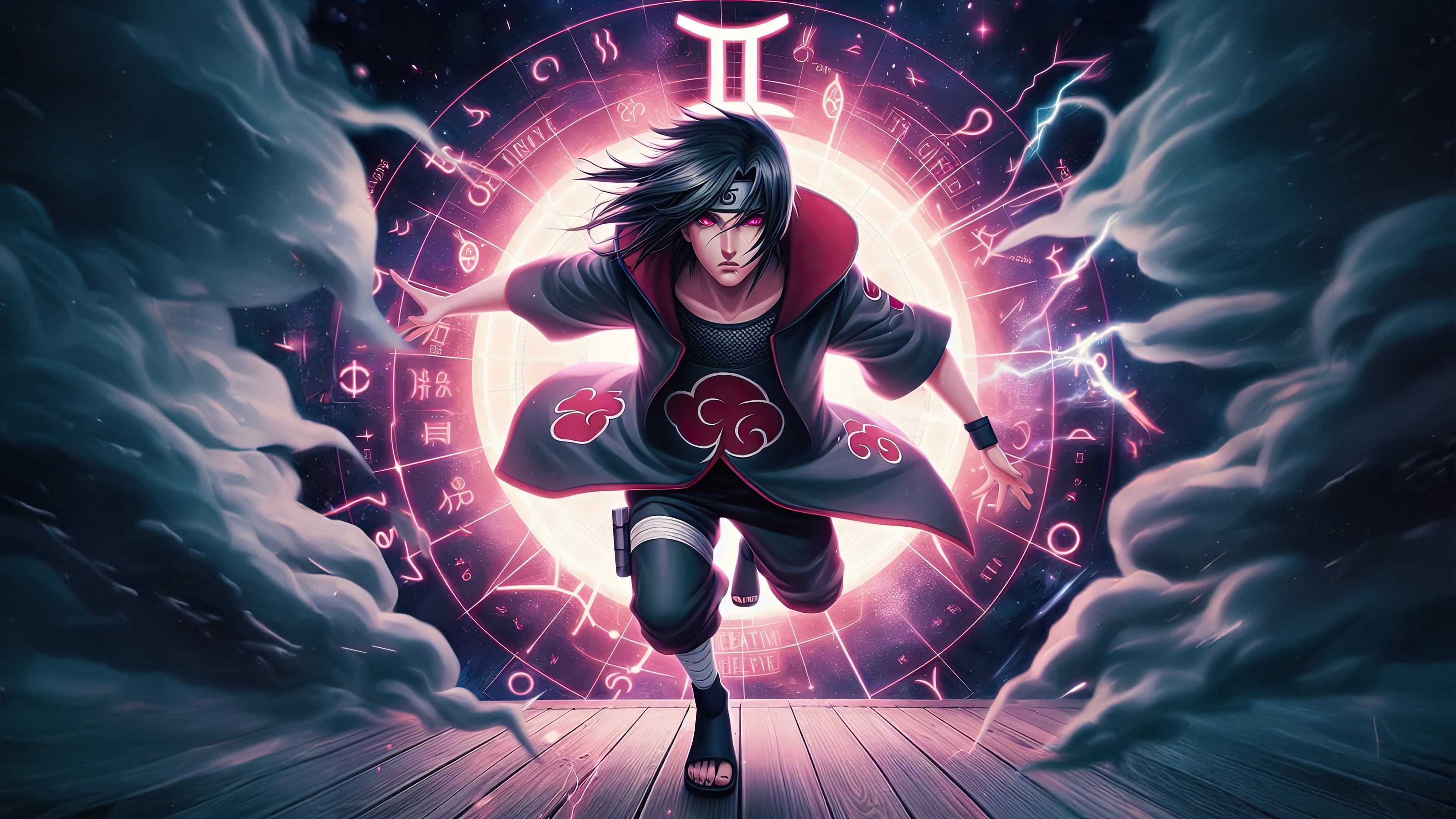 Itachi Uchiha in front of a Gemini zodiac wheel HD Wallpaper