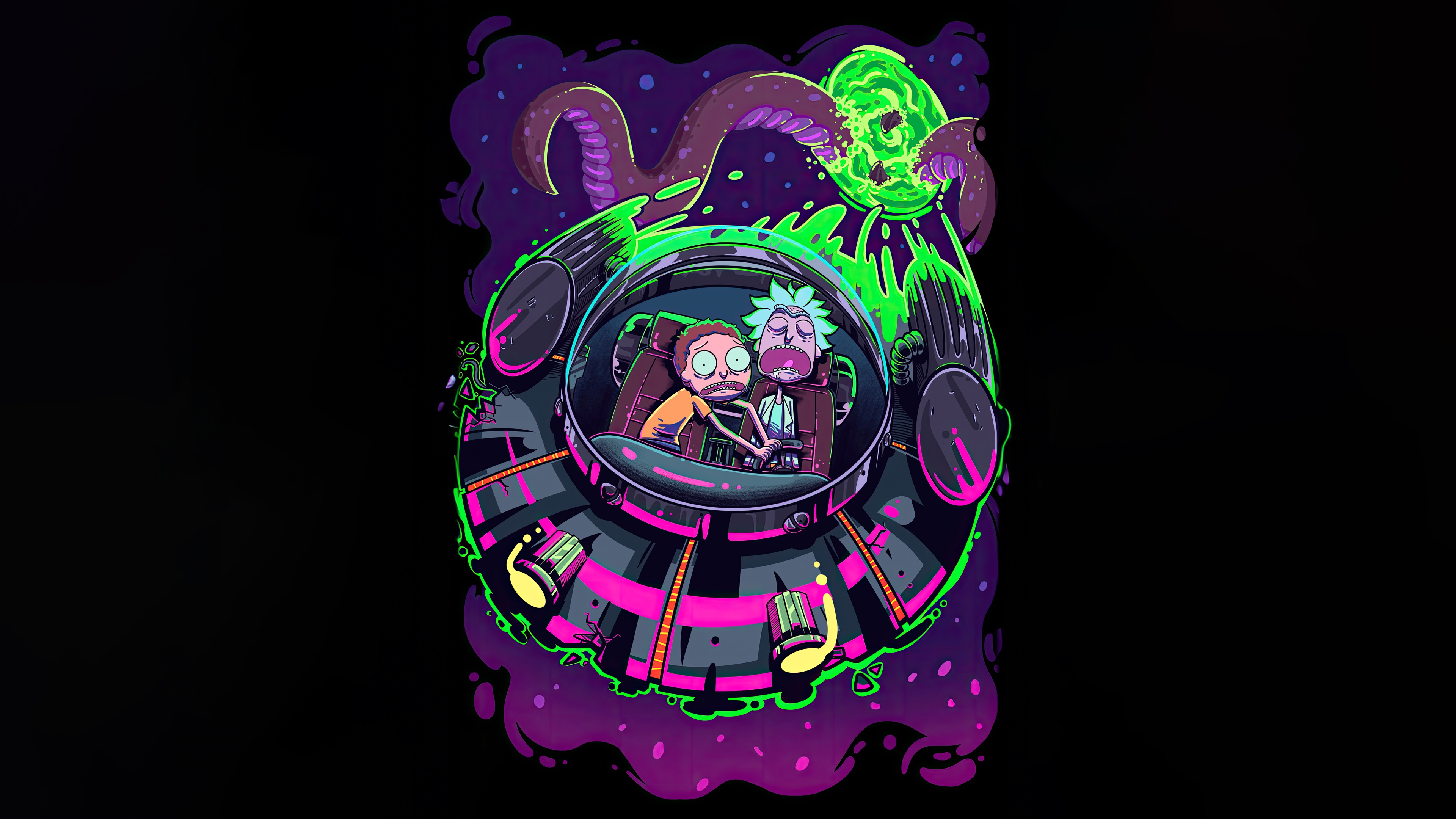 Rick and Morty in a Spaceship with Tentacles HD Wallpaper