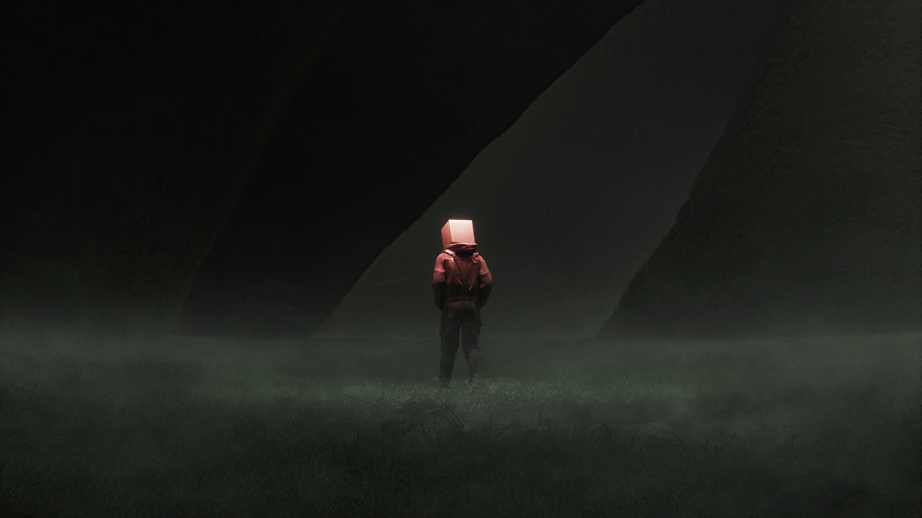 Person with a box on head in a dark landscape HD Wallpaper