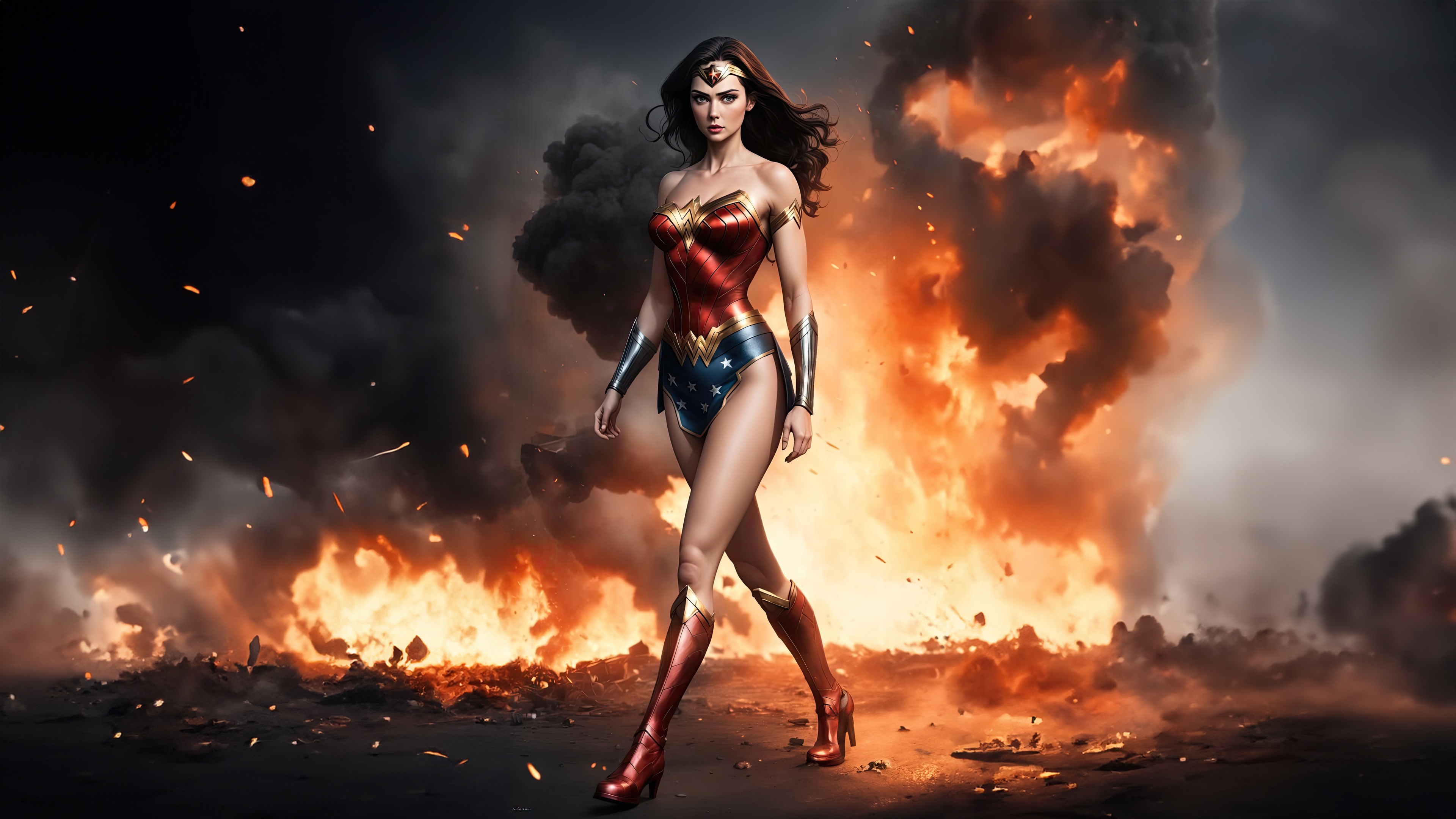 Wonder Woman walks through explosions and smoke HD Wallpaper