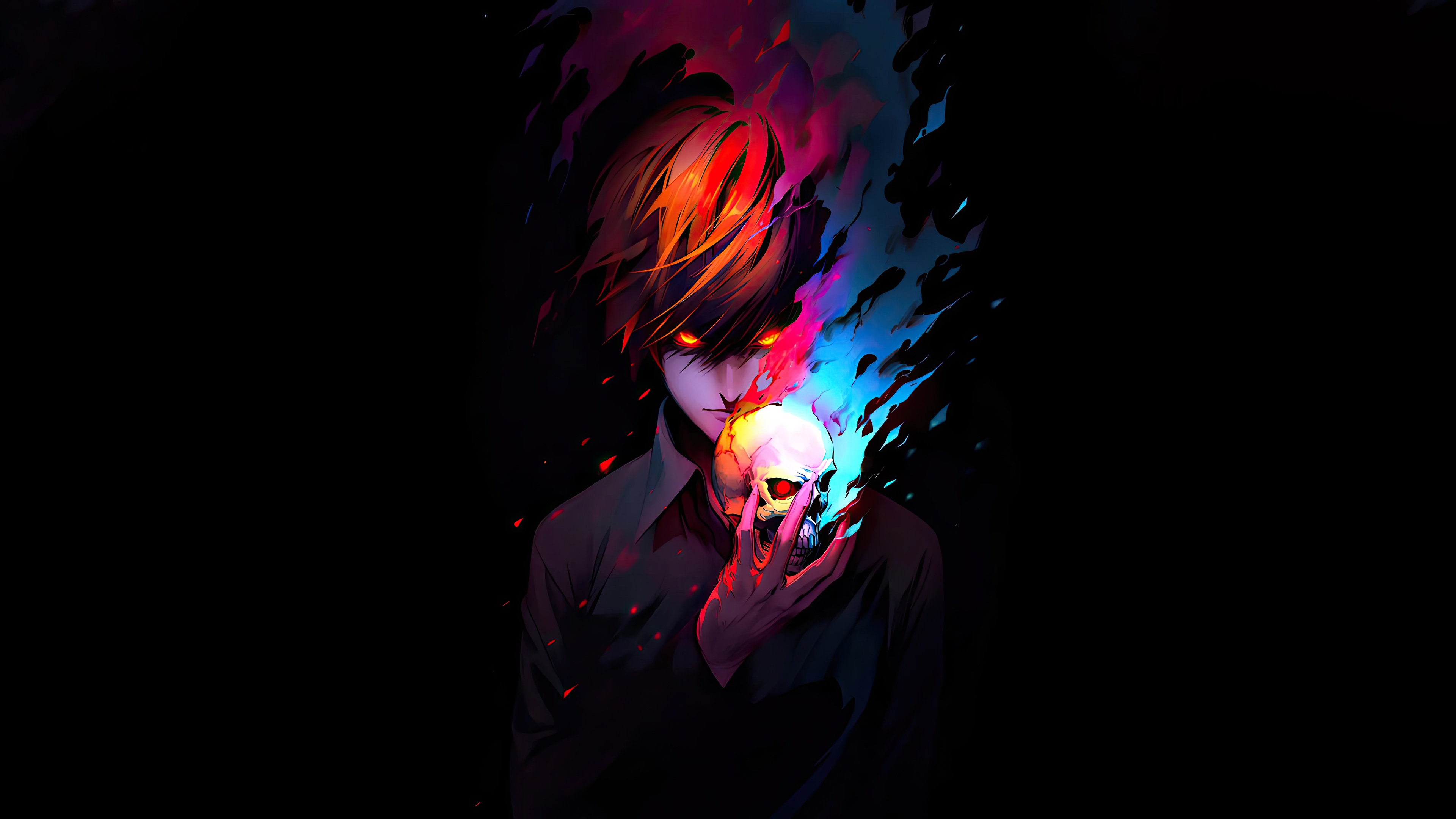 Light Yagami holding a skull with fire HD Wallpaper