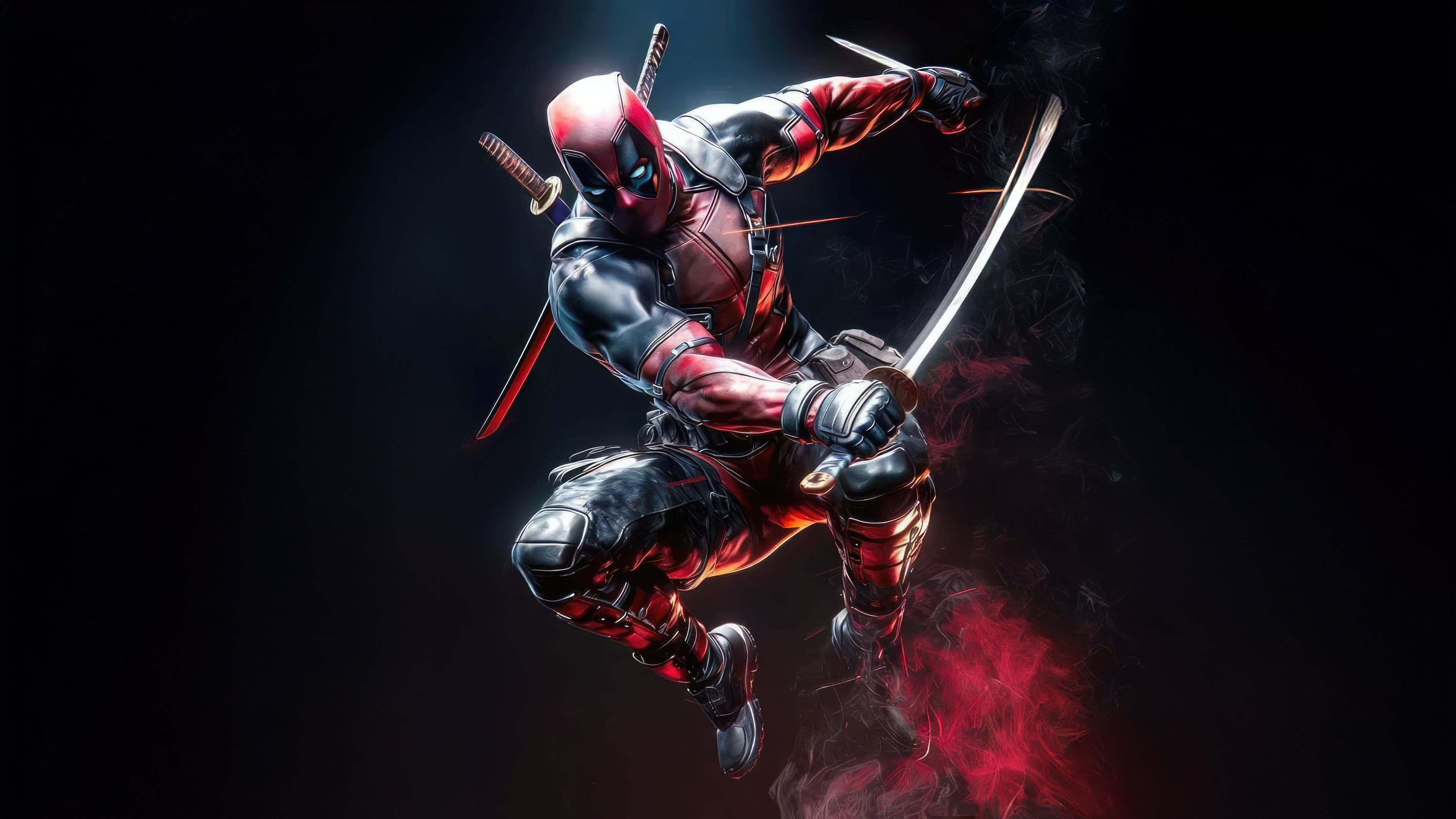 Deadpool in a dynamic pose with swords HD Wallpaper