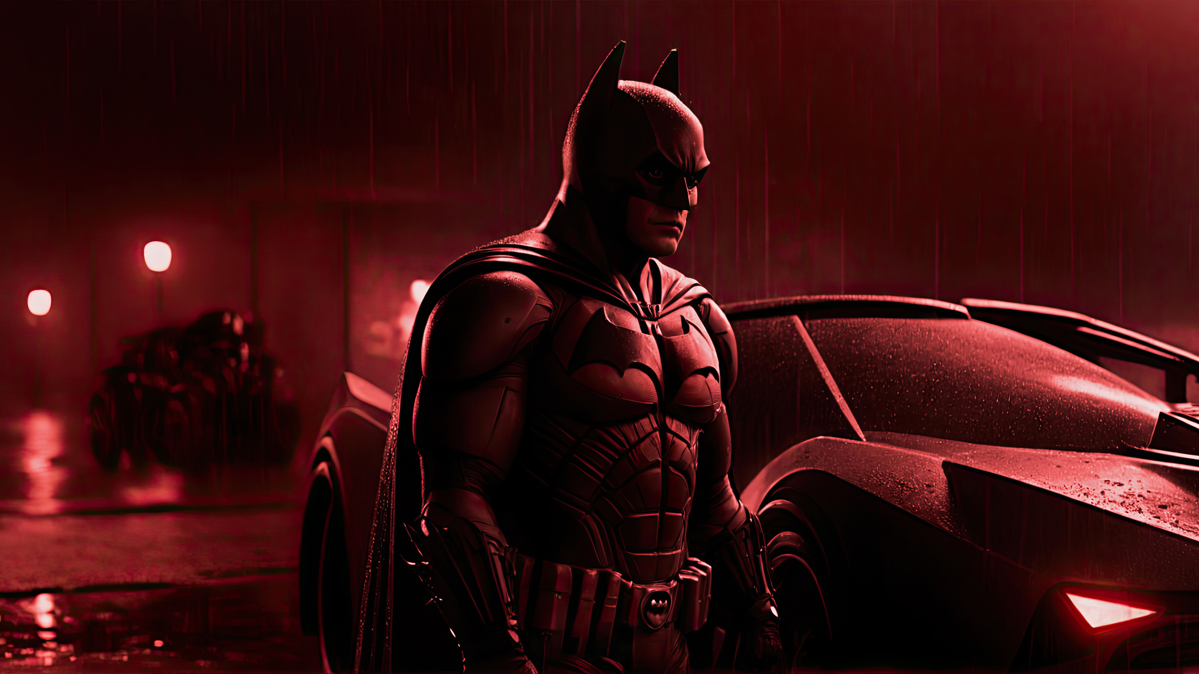 Batman standing next to the Batmobile in the rain HD Wallpaper