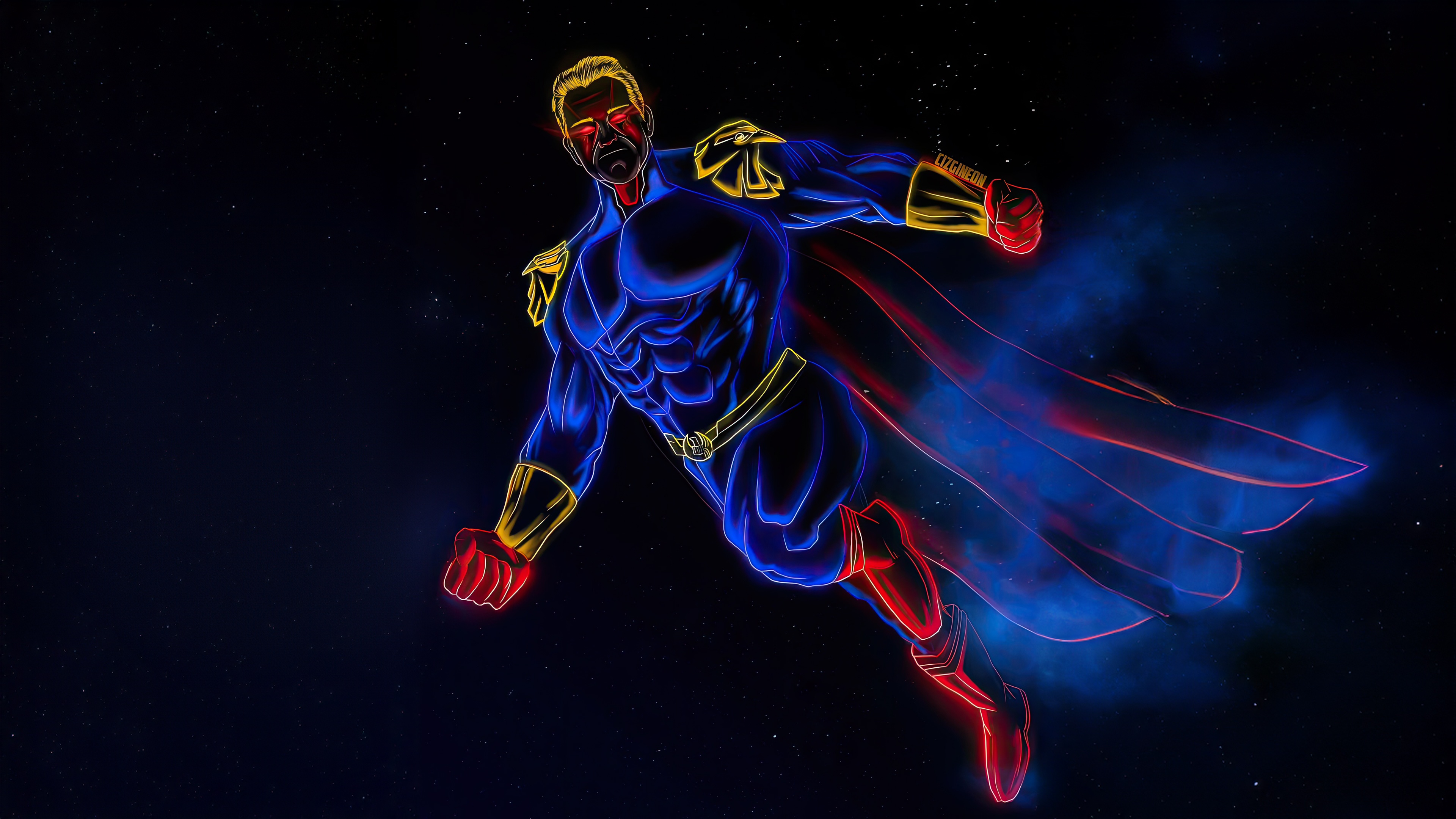Homelander flying in space with glowing outline HD Wallpaper