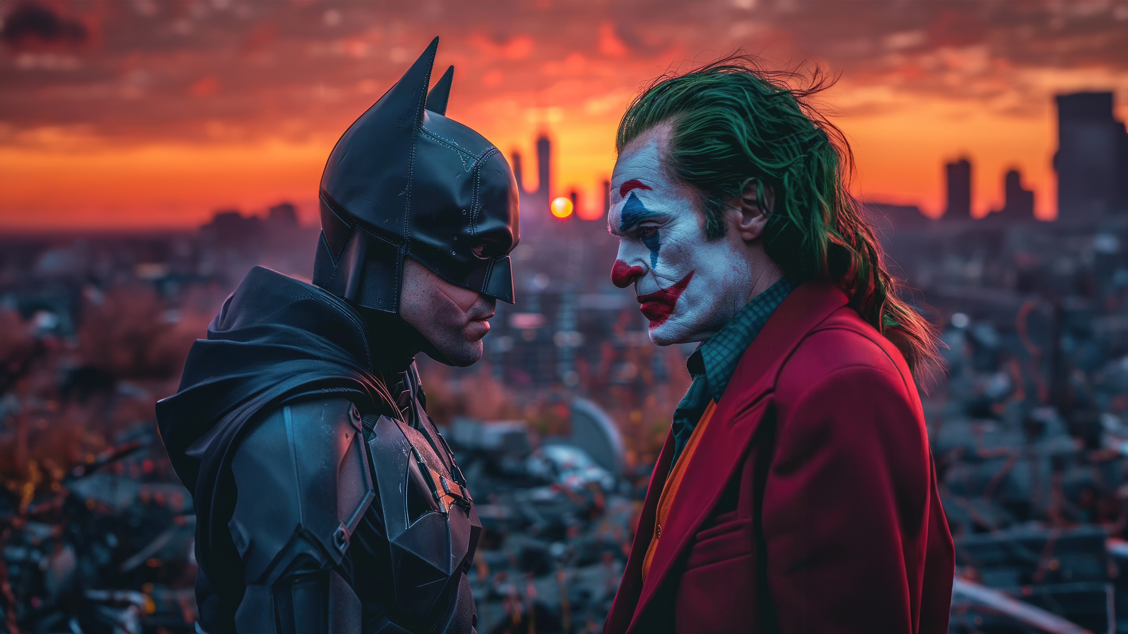 Batman and Joker face off at sunset HD Wallpaper