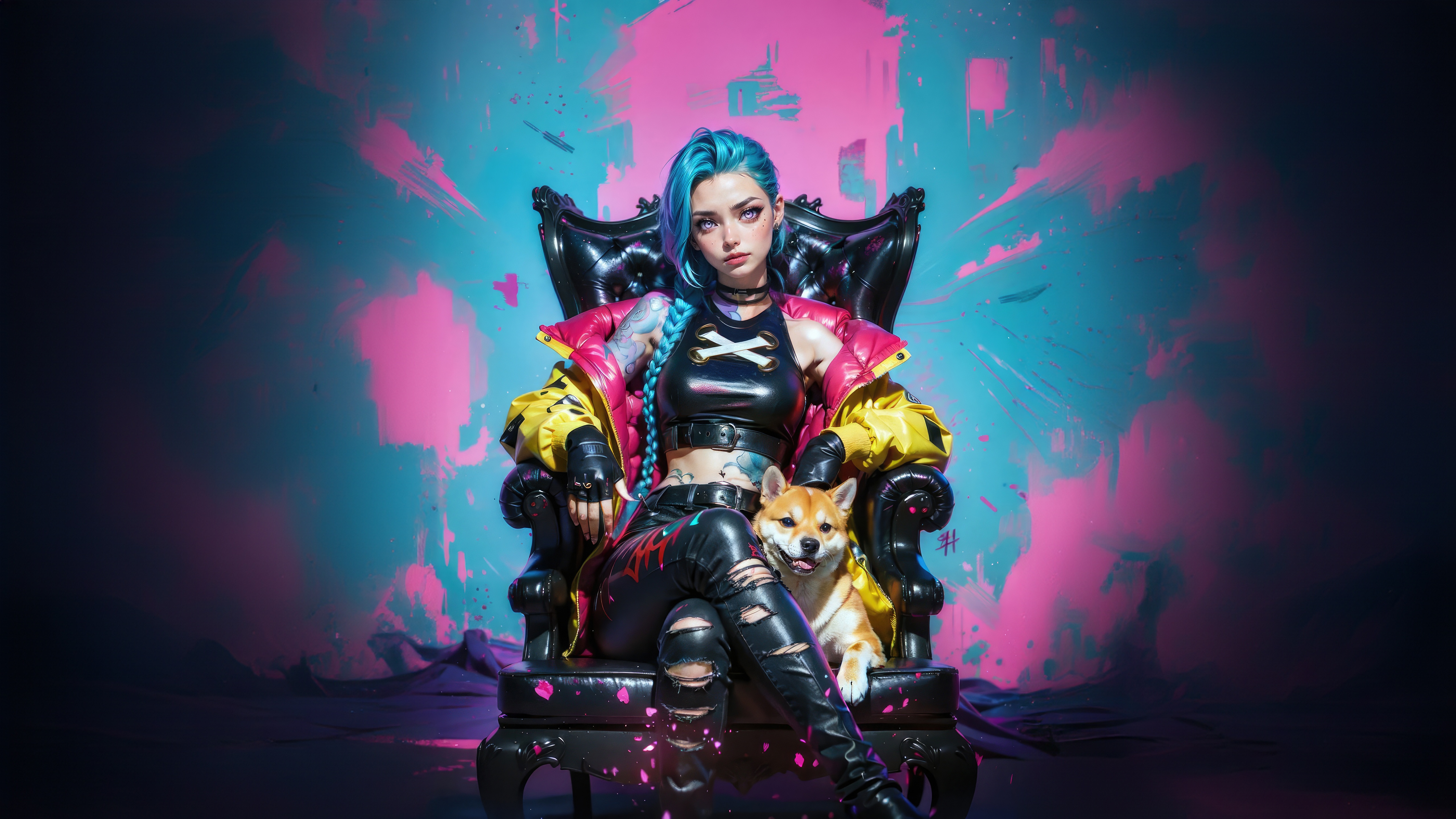 Jinx from Arcane sitting on a throne with a dog HD Wallpaper