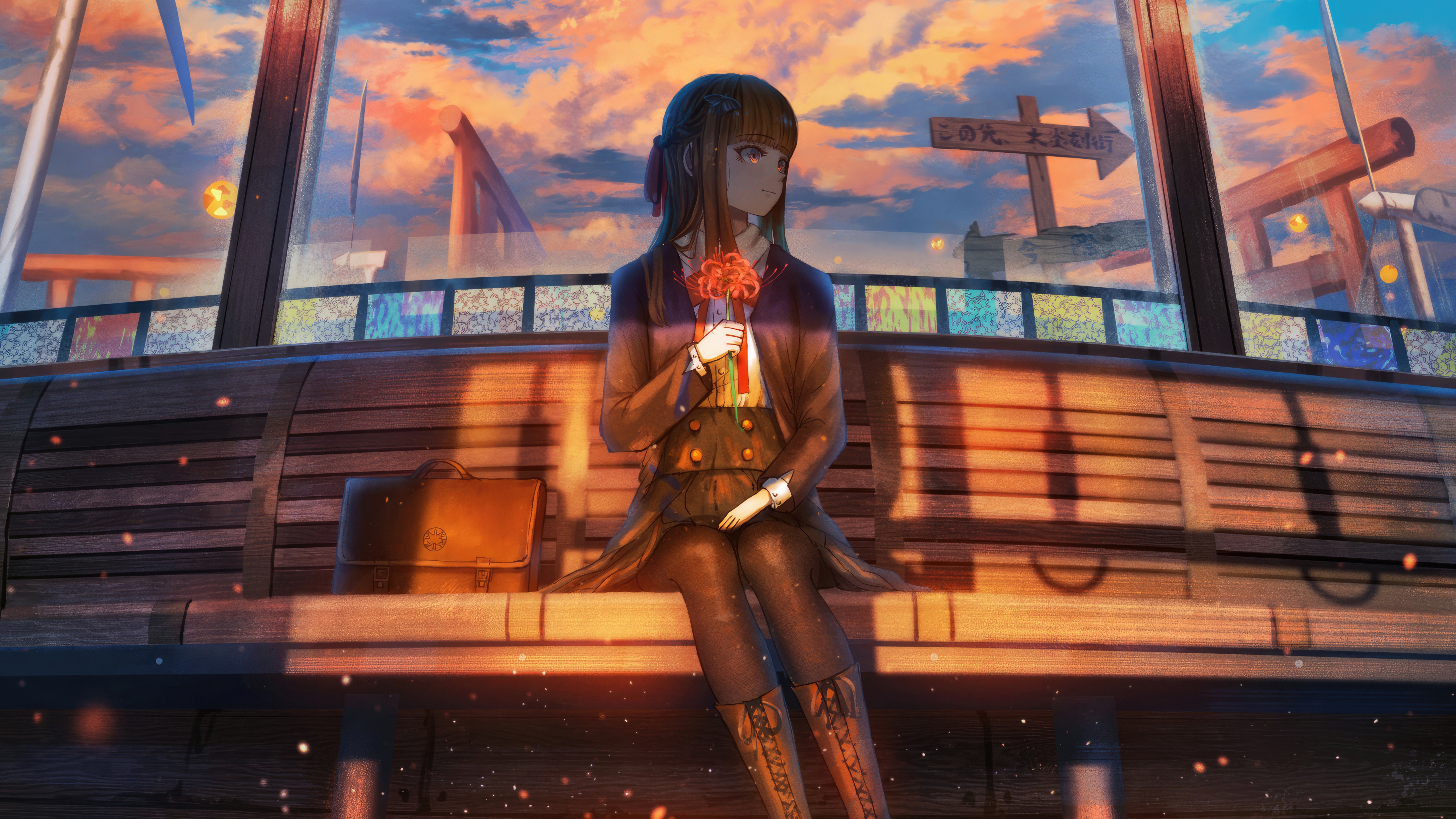 Anime Girl Awaits With Flowers on Bench HD Wallpaper