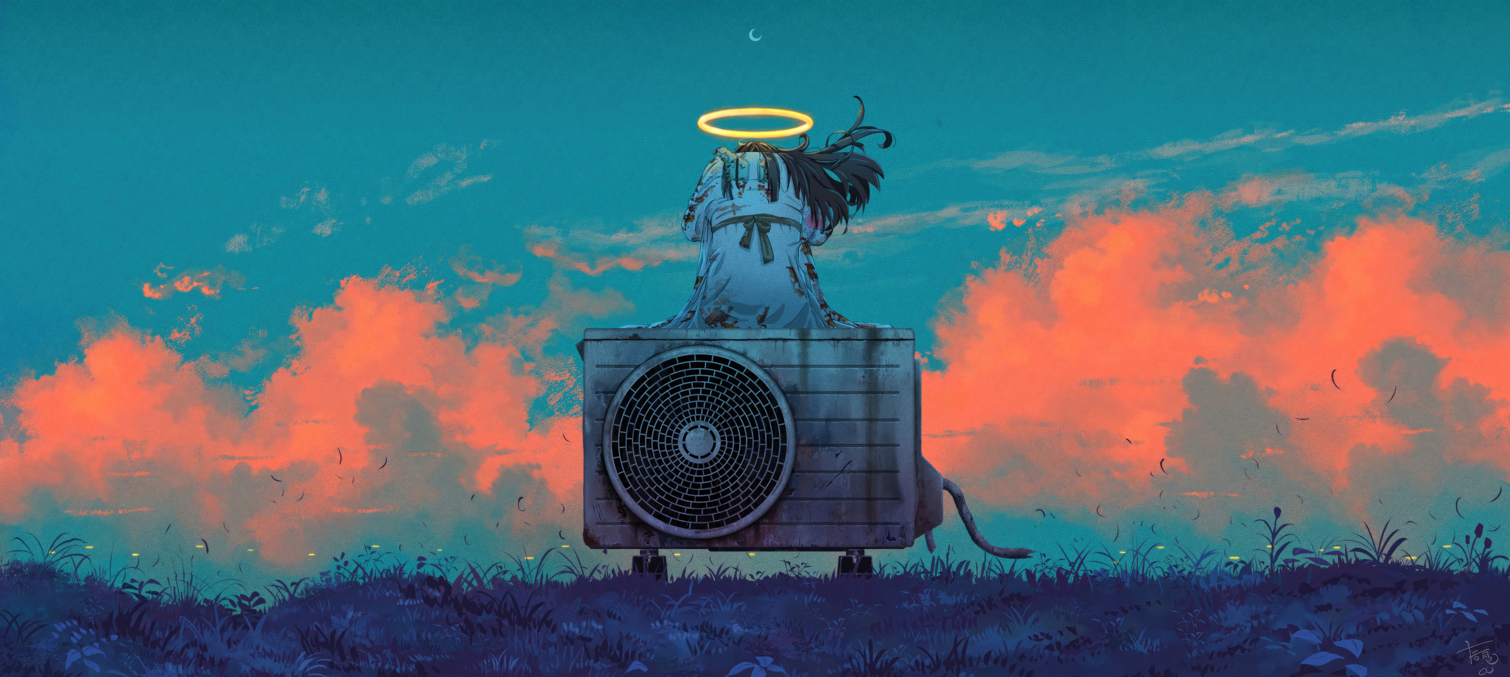 Angel with Halo Sitting on Air Conditioner HD Wallpaper
