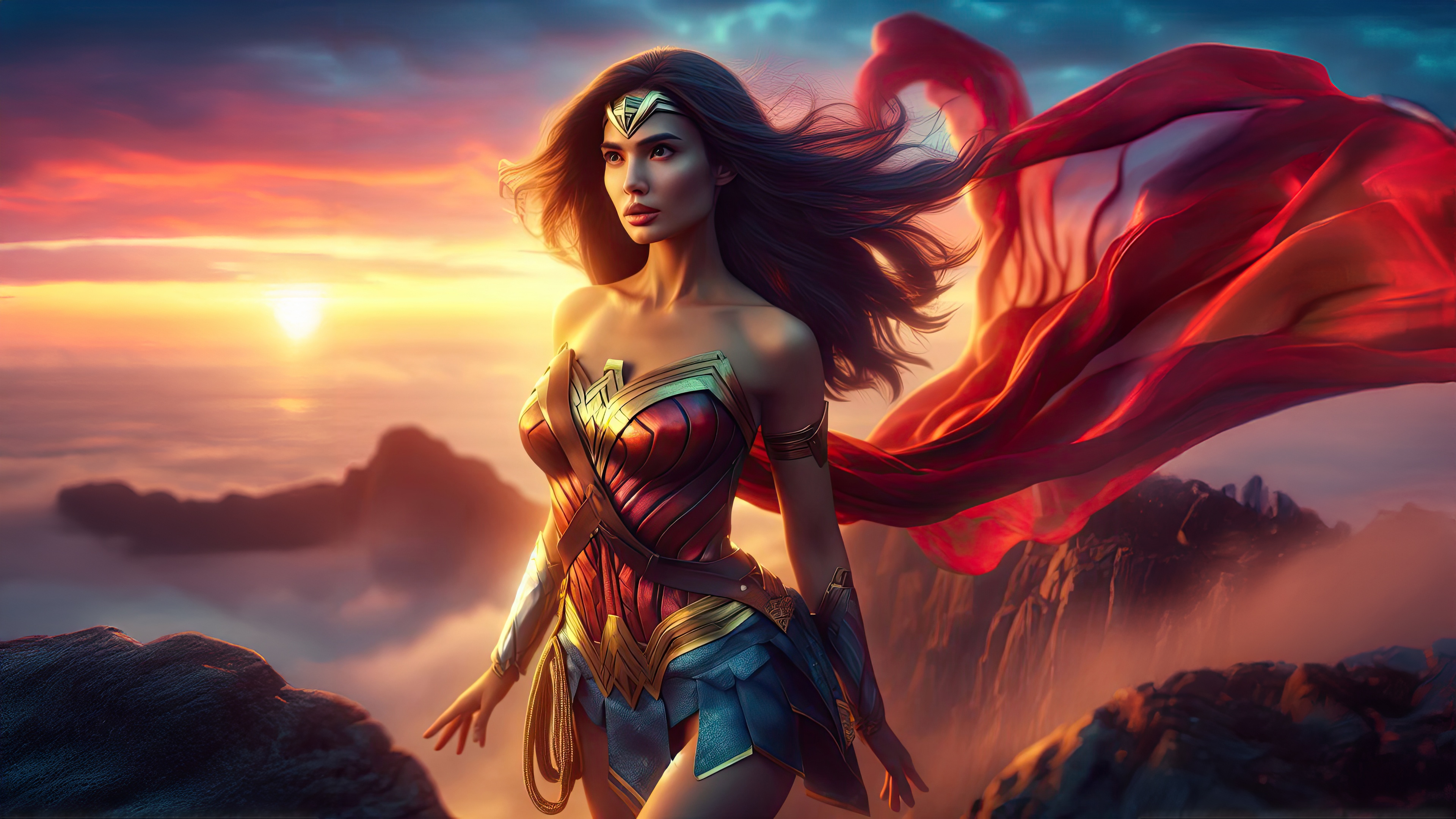 Wonder Woman Standing on Mountain Peak at Sunset HD Wallpaper