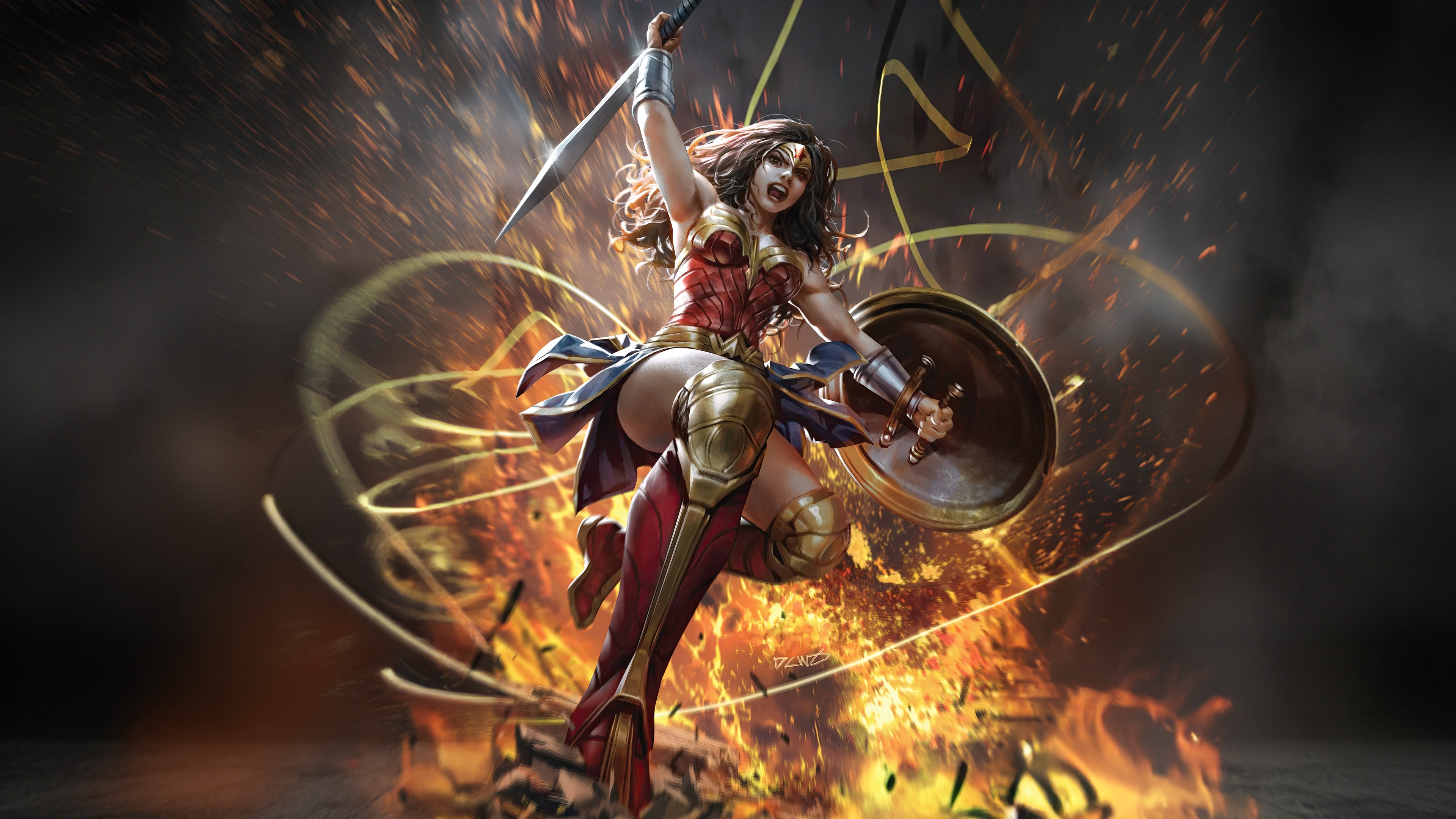 Wonder Woman in Action with Sword and Shield HD Wallpaper