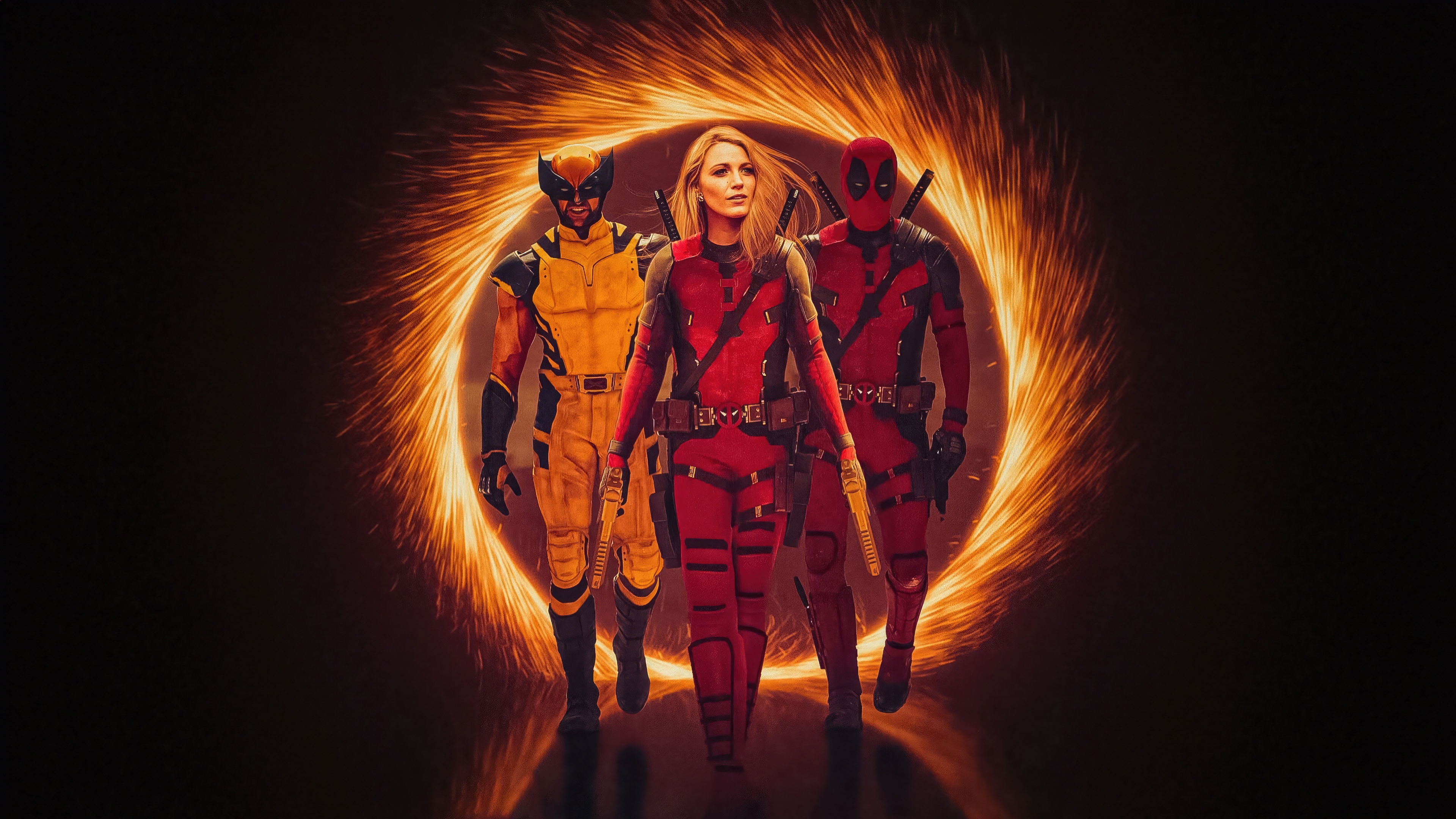 Deadpool, Wolverine, and Lady Deadpool in front of a portal HD Wallpaper