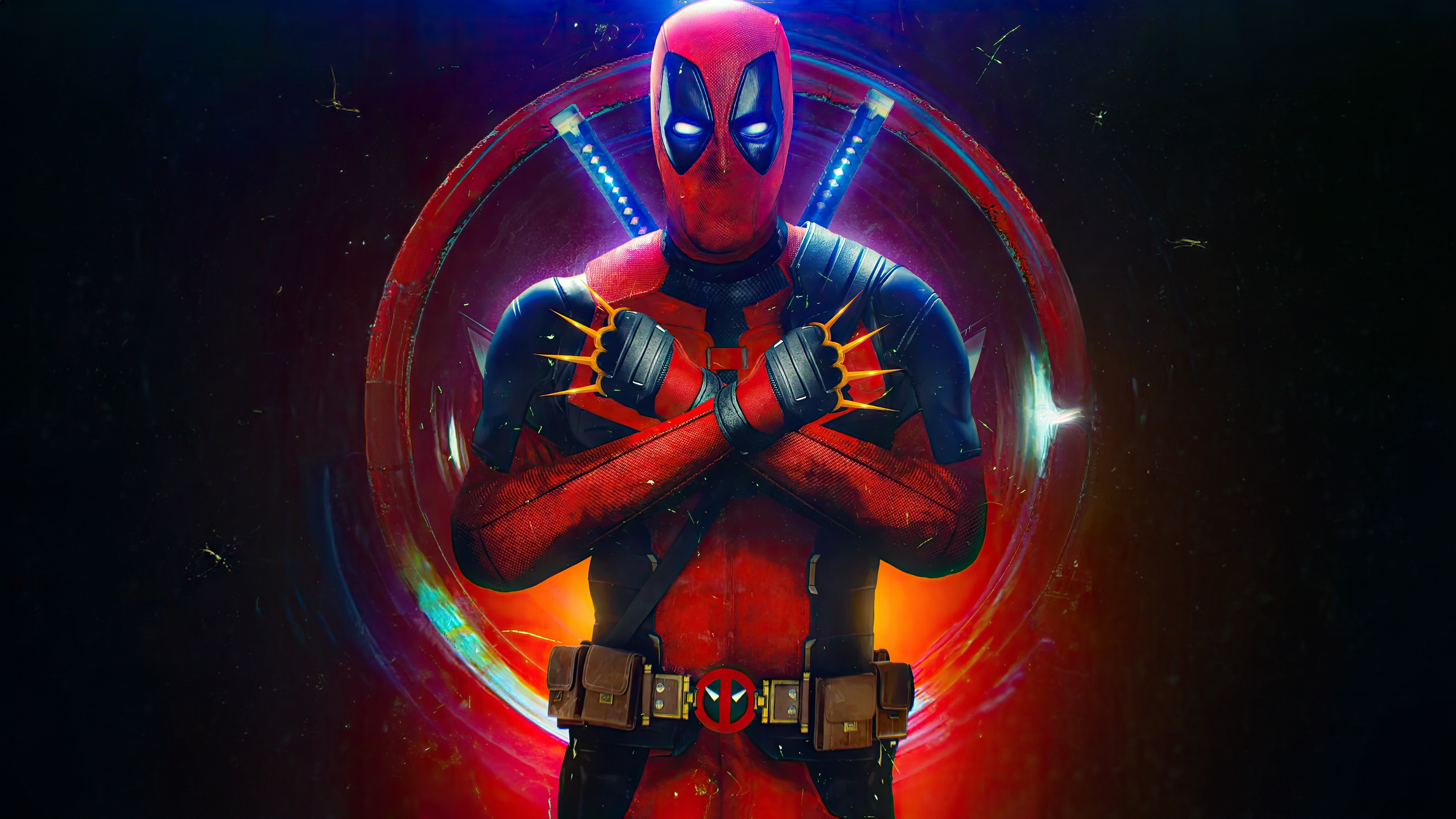 Deadpool with glowing eyes and swords HD Wallpaper