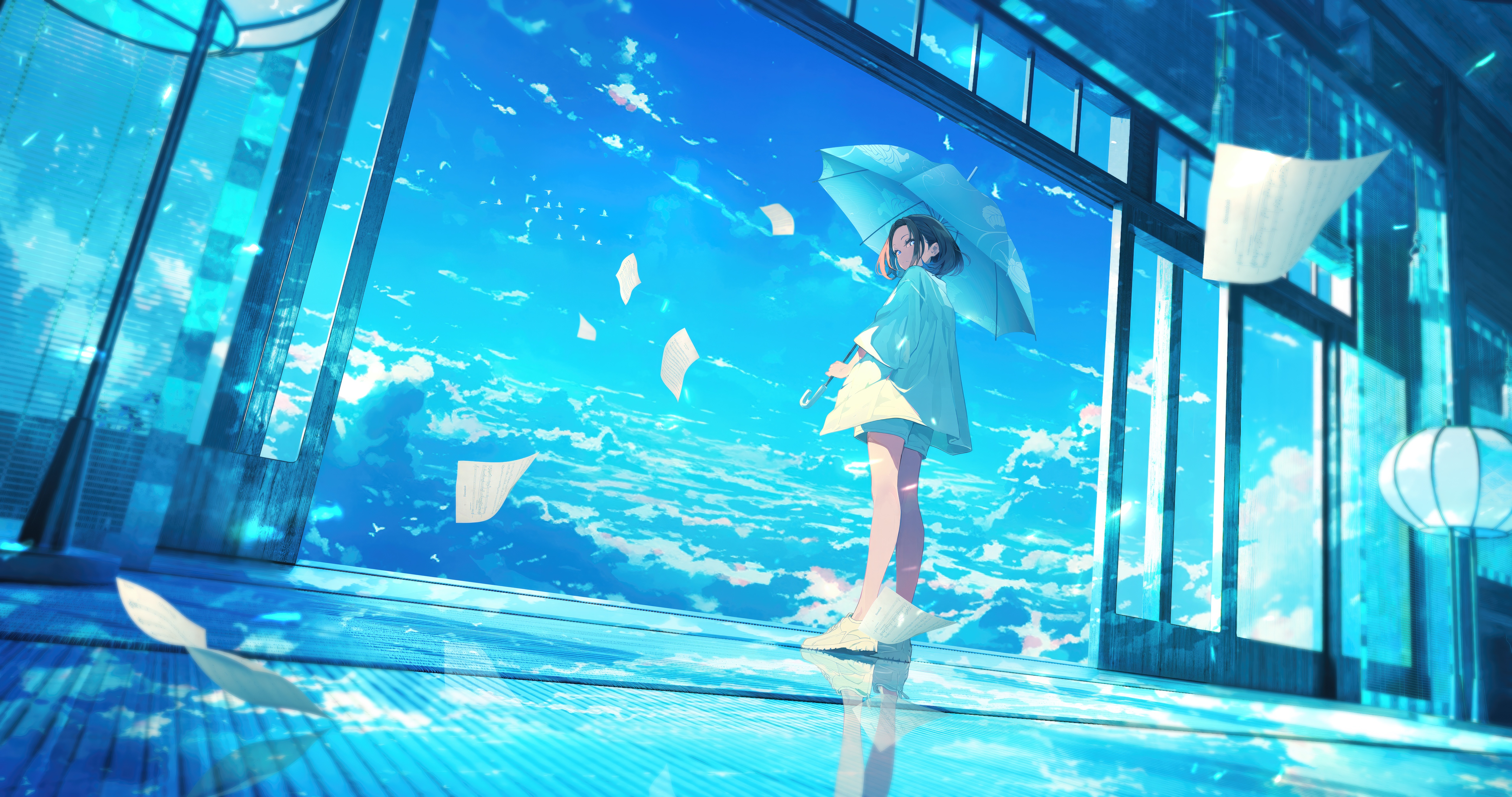 Girl with Umbrella in the Sky HD Wallpaper