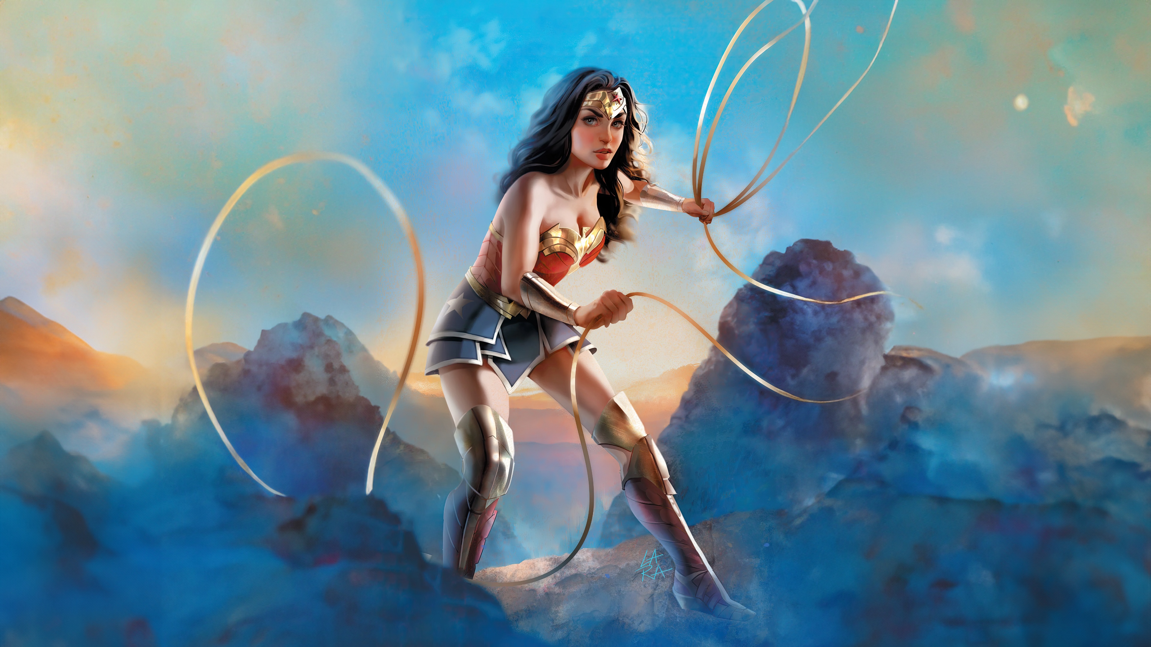 Wonder Woman with Lasso in a Mountainous Landscape HD Wallpaper