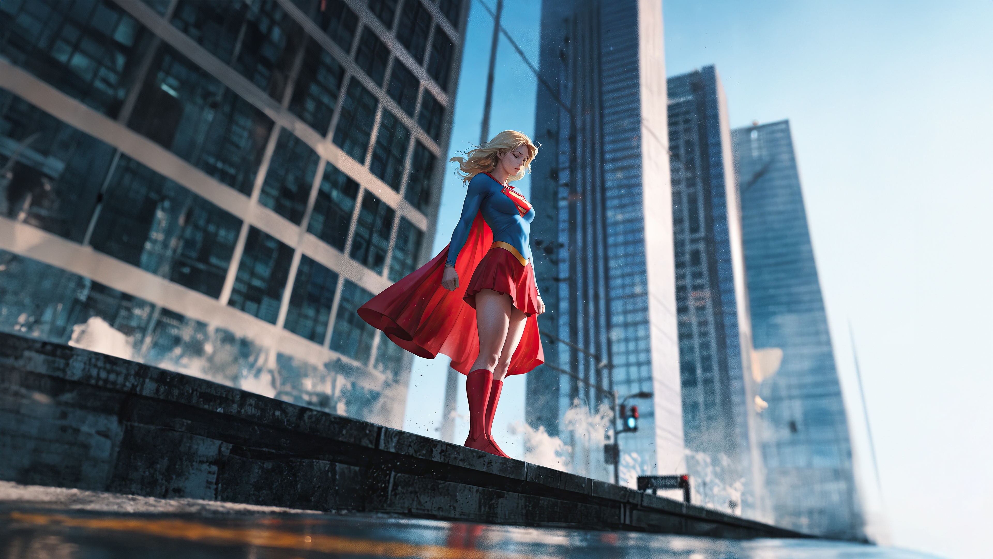 Supergirl standing on a ledge in a city HD Wallpaper