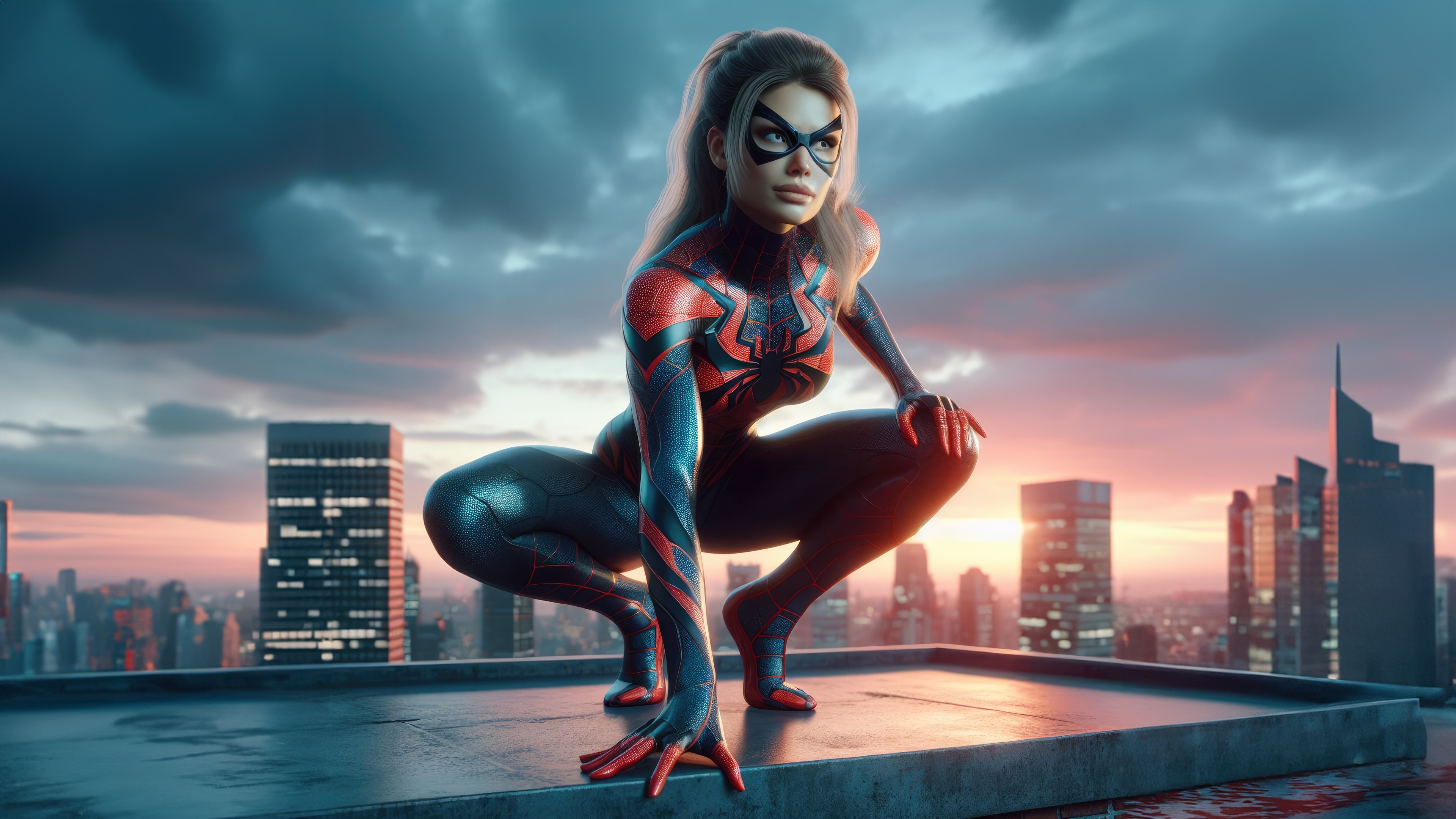 Spider-Woman crouches on a rooftop at sunset HD Wallpaper