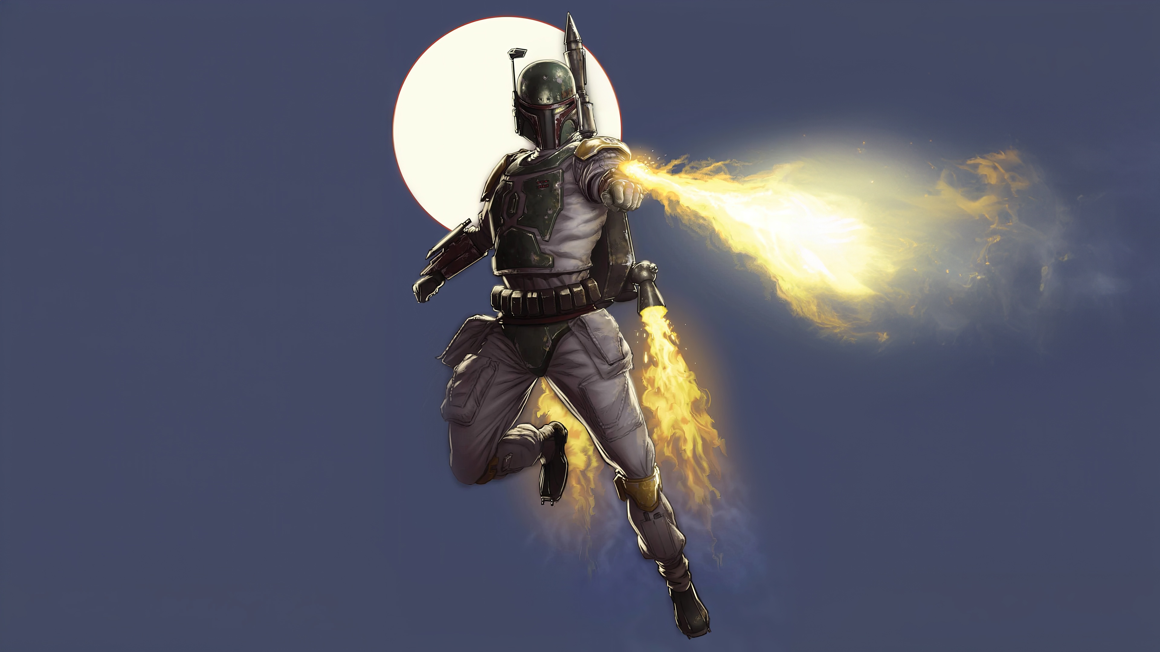 Boba Fett Firing Flamethrower with Moon Behind HD Wallpaper