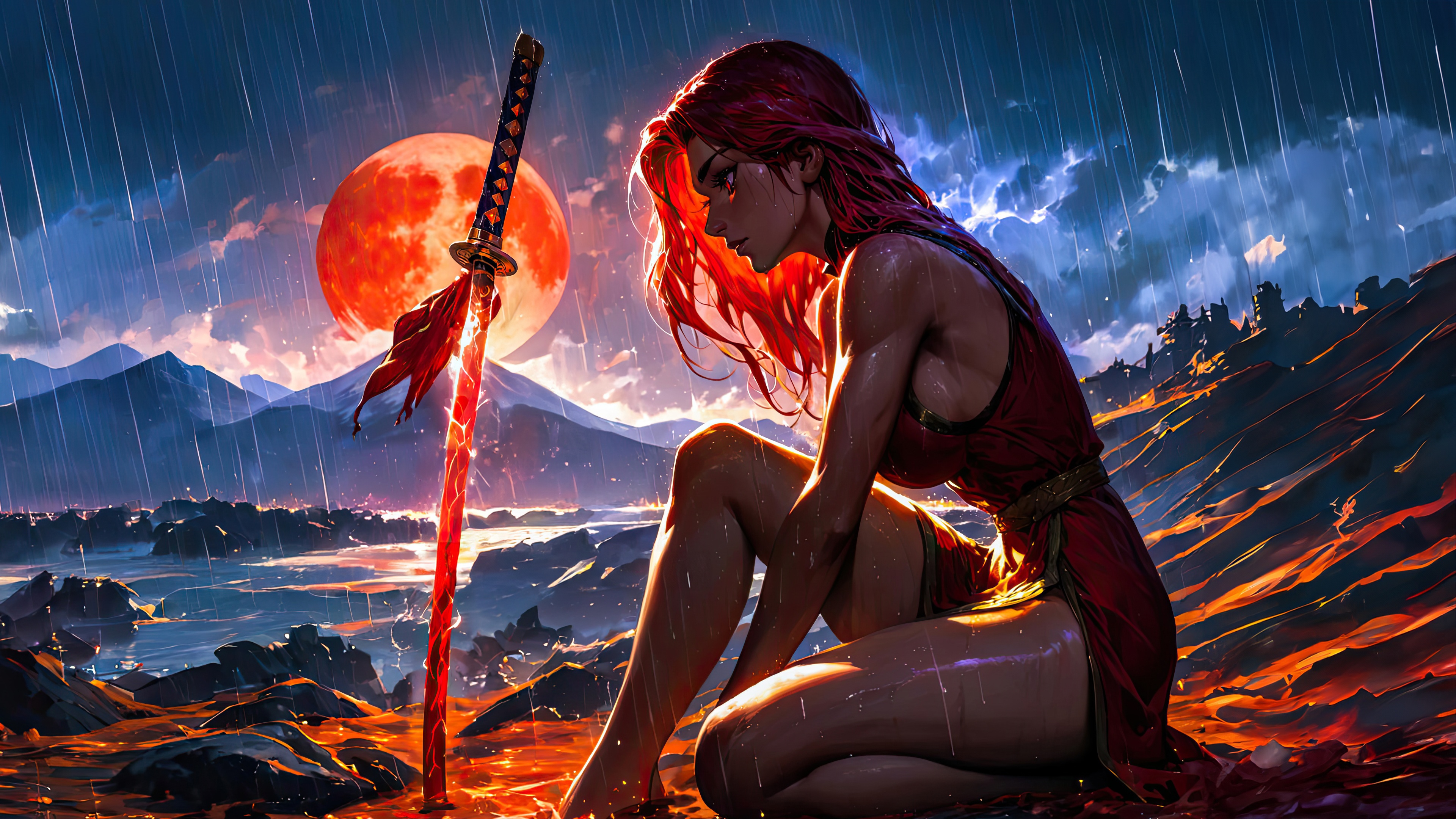 Warrior in Rain with Glowing Sword HD Wallpaper