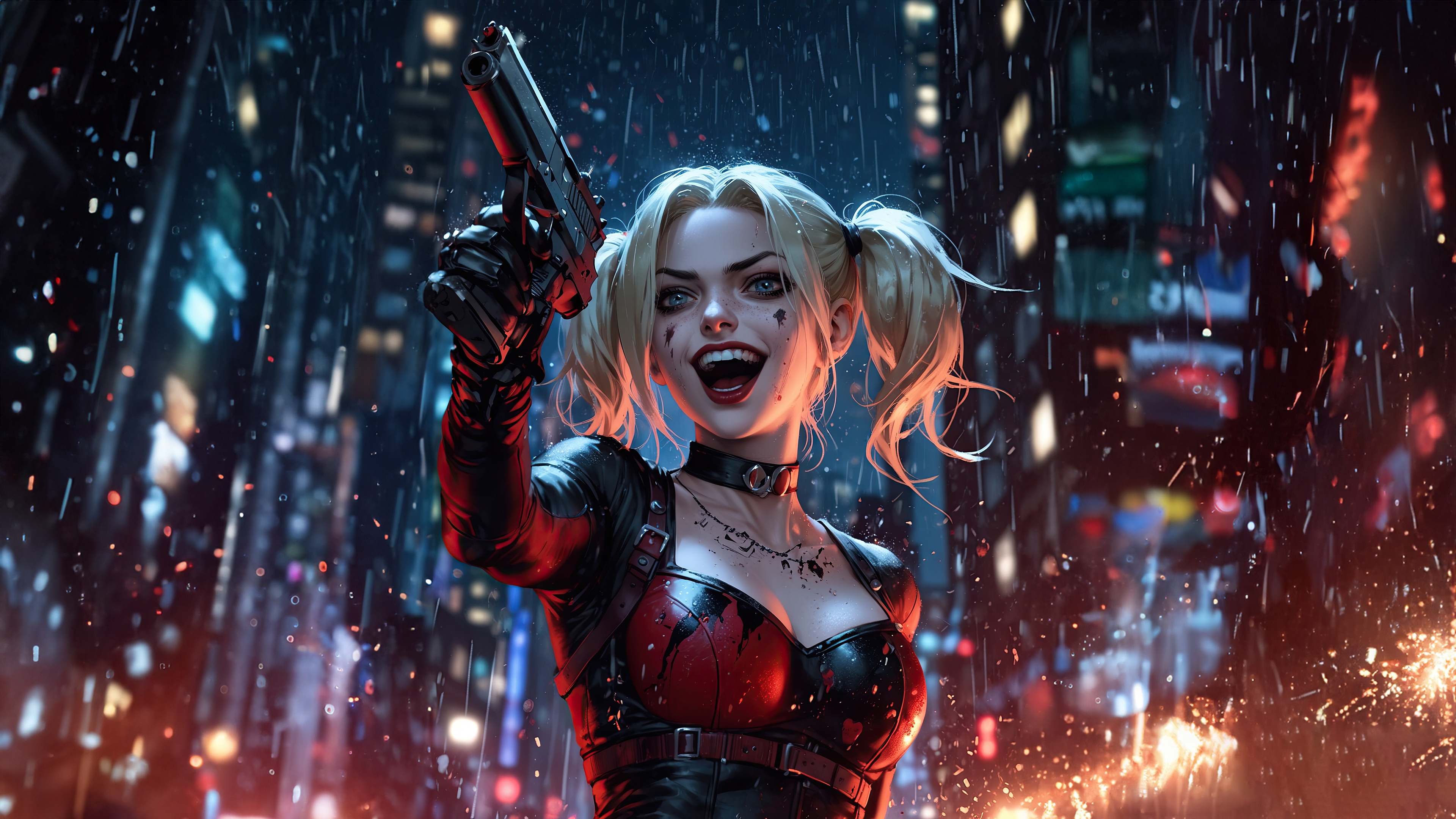 Harley Quinn with a gun in a rainy city HD Wallpaper