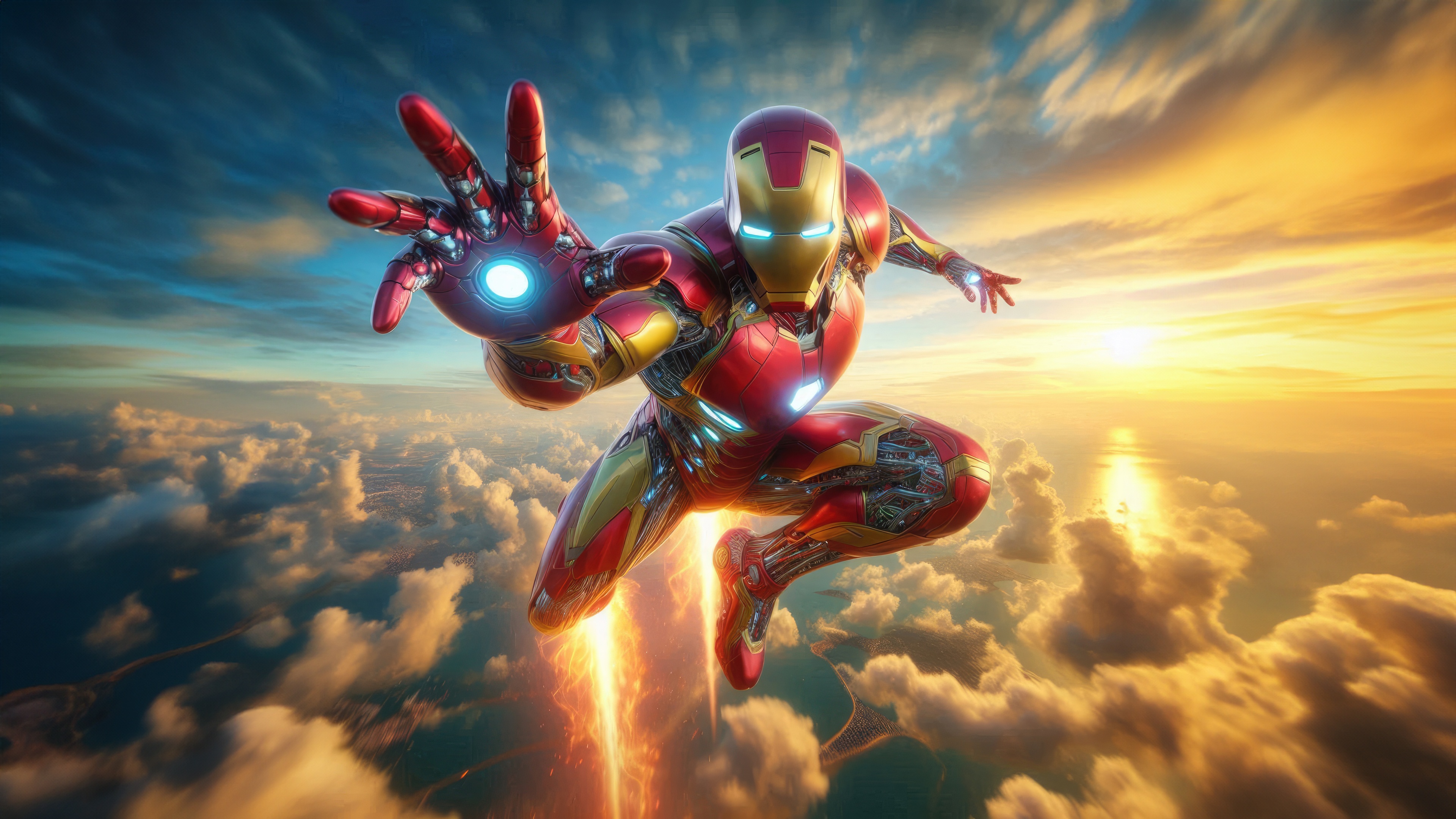 Iron Man flies through clouds at sunset HD Wallpaper