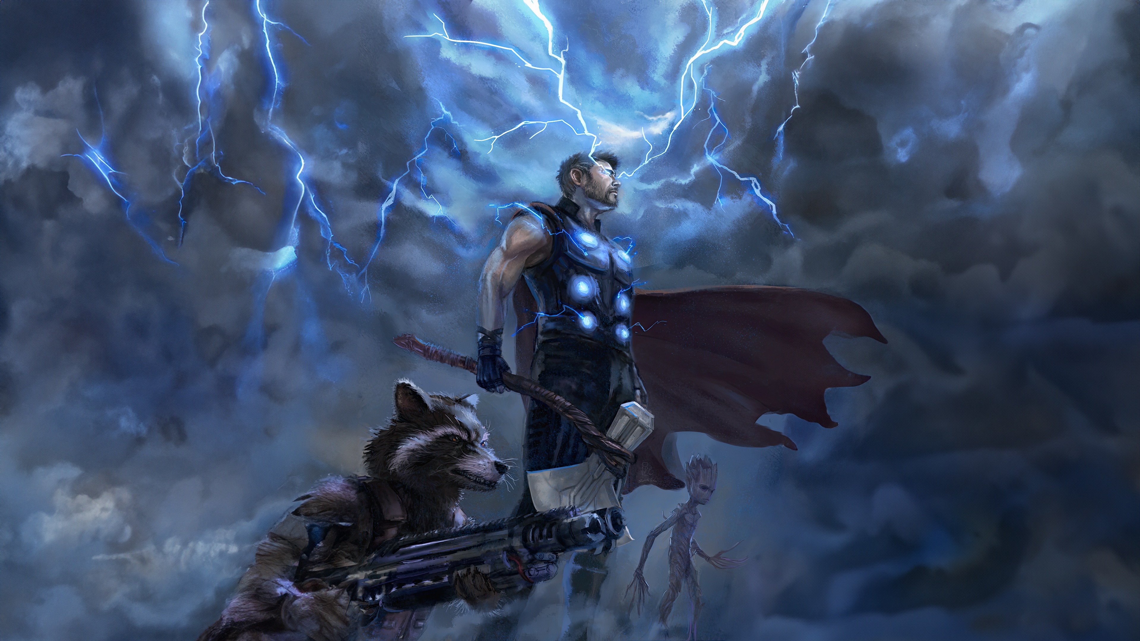 Thor, Rocket, and Groot in a Storm HD Wallpaper