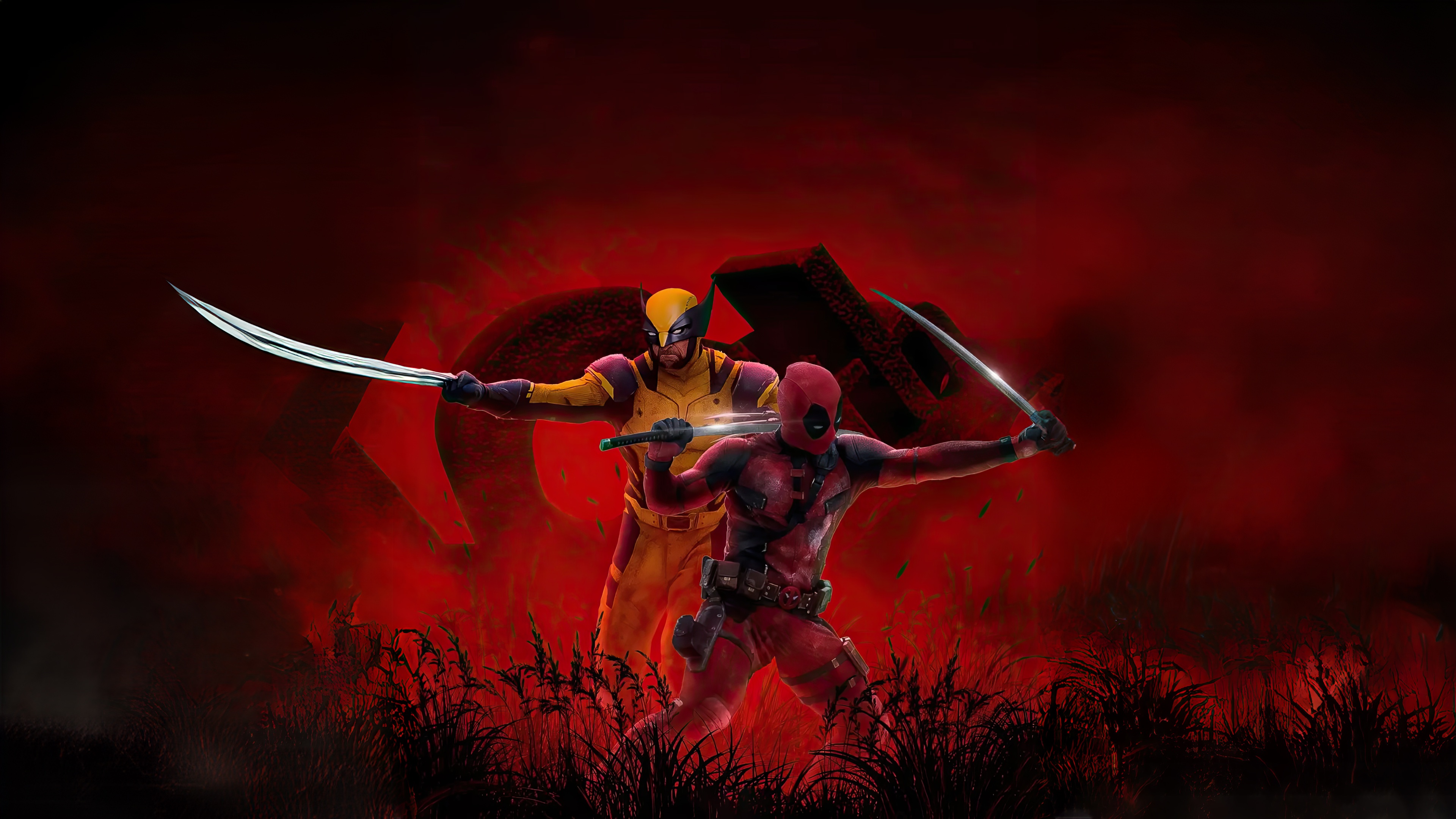 Deadpool and Wolverine with swords HD Wallpaper
