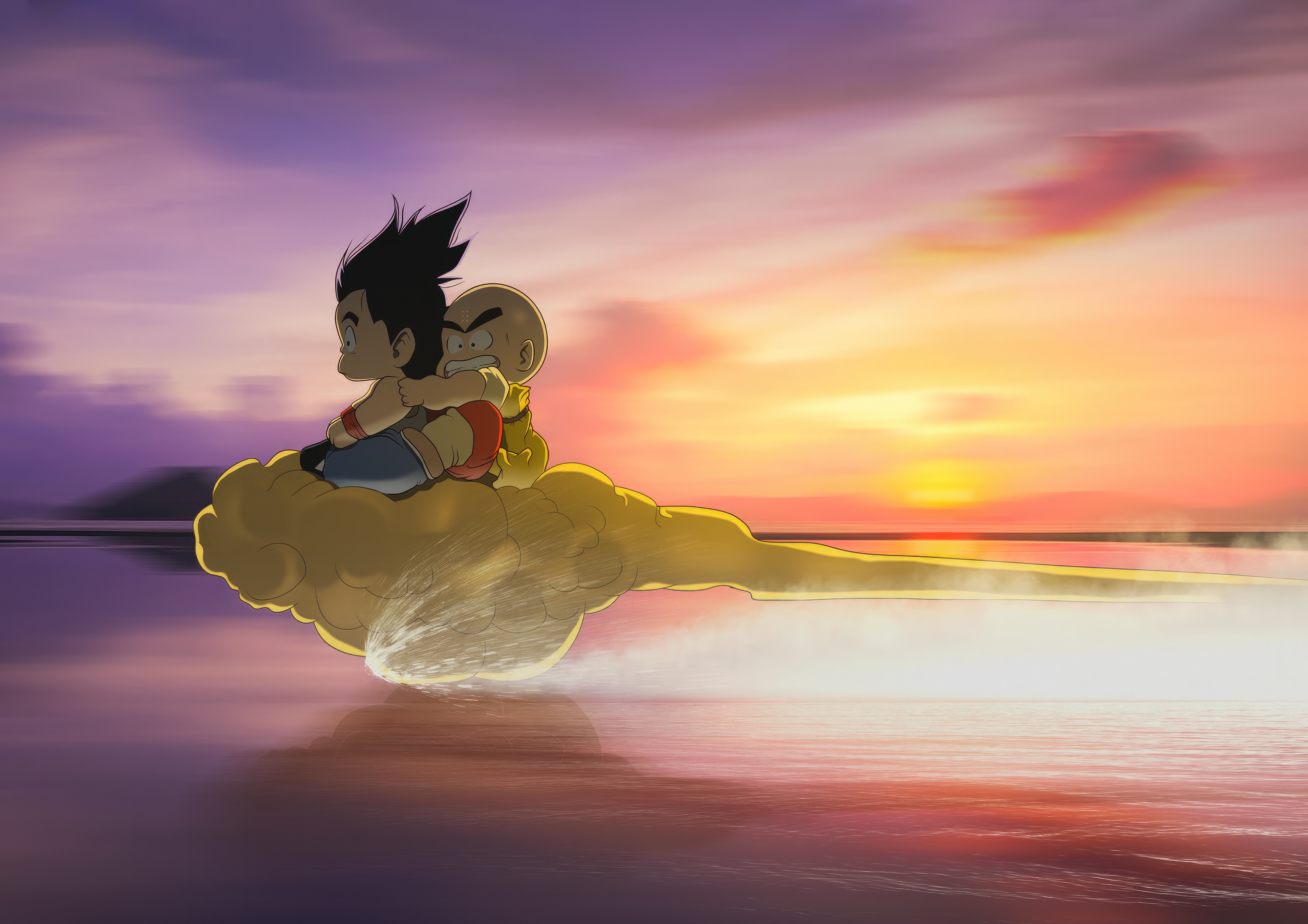 Goku and Krillin on the Flying Nimbus at Sunset HD Wallpaper