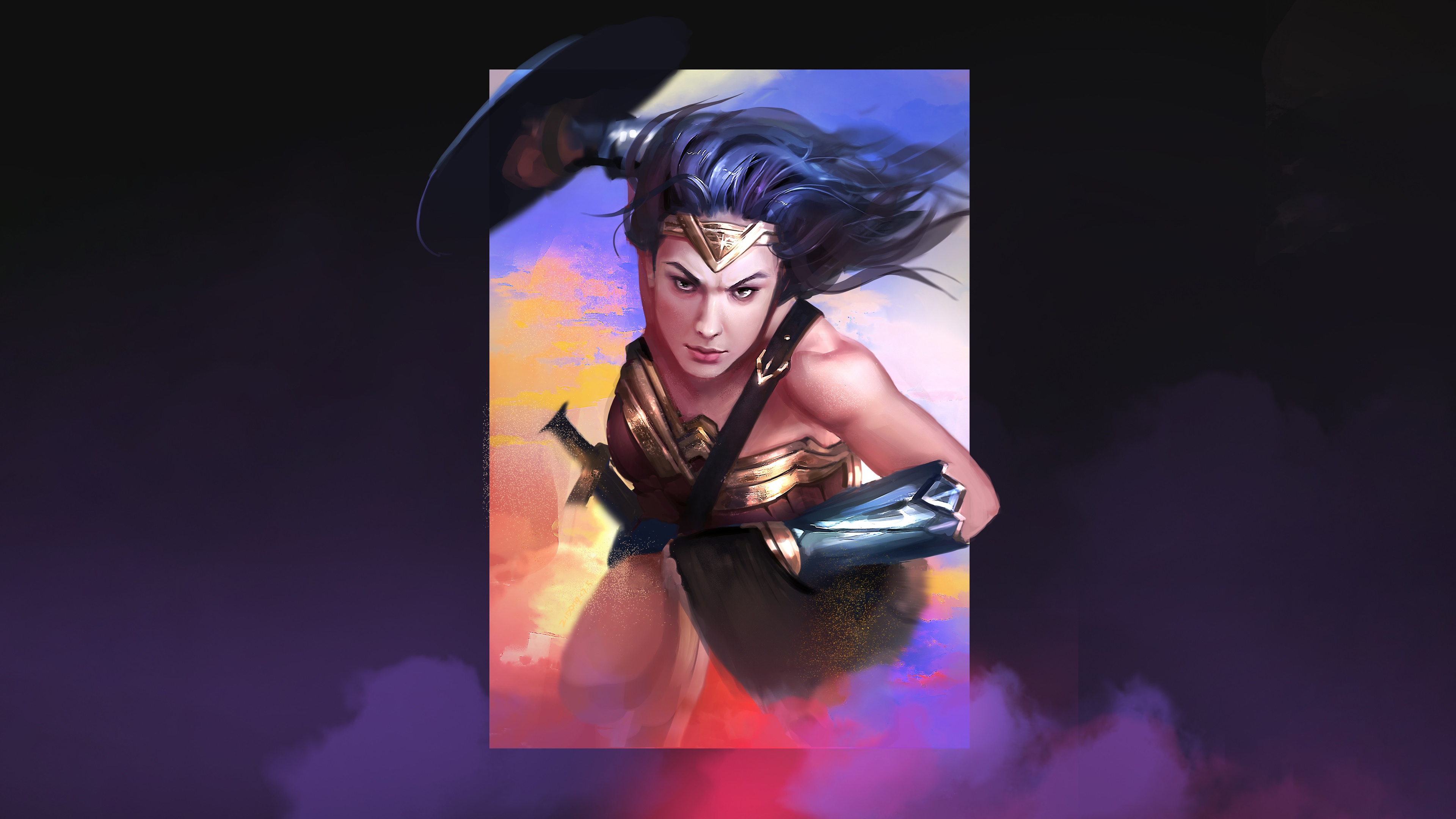 Wonder Woman in action with sword and shield HD Wallpaper